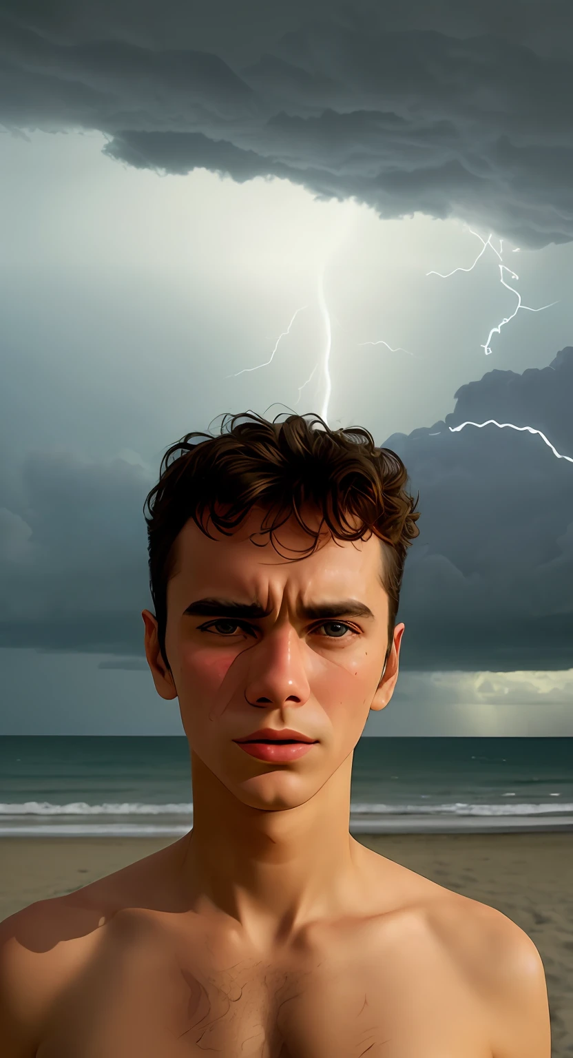 foto de menina triste na praia, nua, corpo inteiro, sky full of clouds, lightning in the clouds of the explosion, tristeza, baixinha, cara russa, corpo perfeito, seios pequenos, 15 anos, rosto lindo, majestoso, lindo , deusa, Awesome, crying expression on his face, cabelo longo, tempestade, Complex position, big sky, realista, detalhado, obra-prima, extra film grain, profesional lighting, fotografia profissional, cores neutras, cores suaves, luzes naturais, foto realista, good composition, 4k, highes definition, arte de stanley kubrick