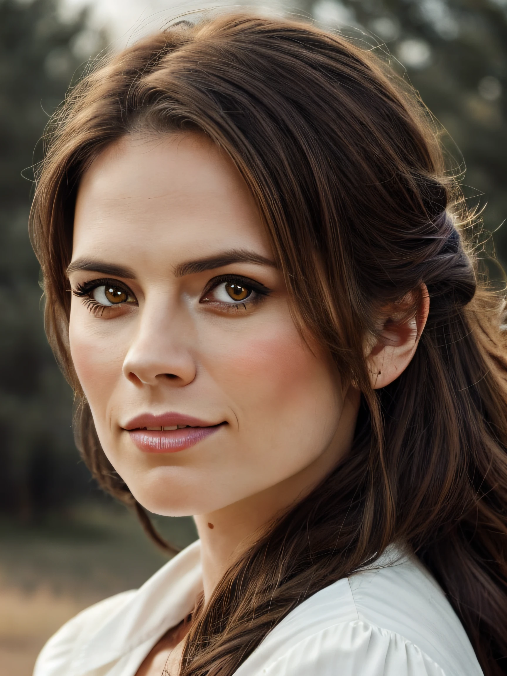 (Thirty year old) woman, standing beside a horse, dressed as an old western cowgirl, cowboy boots, long legs, dreamy photo, looking straight at camera, slight smile, full lips, pearl skin, old western, Wild West, monument valley, dusty, andre kohn, Canon, (Detailed features::1.2), real life. Hayley Atwell, intricate, 8k, highly detailed, (extremely detailed CG unity 8k wallpaper), ((square jaw)), (well defined jaw), (downturned lips), (detailed anatomy), Hyperrealistic full shot body image, trending on CGSociety, Intricate, High Detail, Sharp focus, dramatic, volumetric lighting, vibrant, warm colours, digital painting, intense, modelshoot style, (extremely detailed CG unity 8k wallpaper), full body photo, camera far away, wide angle, the most beautiful artwork in the world, professional majestic oil painting