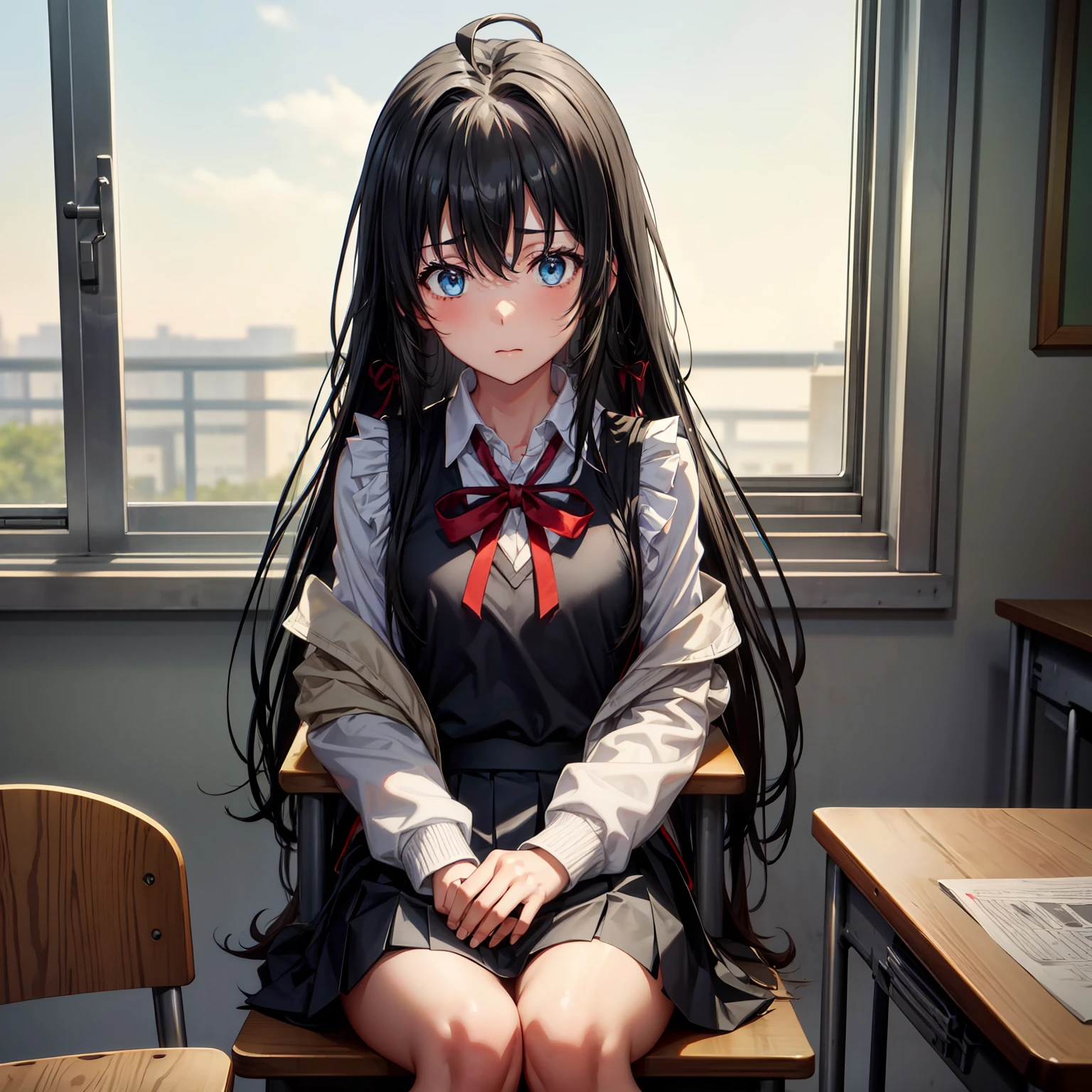 1 girl, long hair, long black hair that spills over shoulder's and down to waist, ahoge that lays flat atop her head, two red ribbons above each shoulder's, blue eyes, white shirt, black sweater vest, white long winter coat, green dark mini skirt, turned his back on the camera, back to the camera, sitting on top the table, inside the classroom, looking at viewers