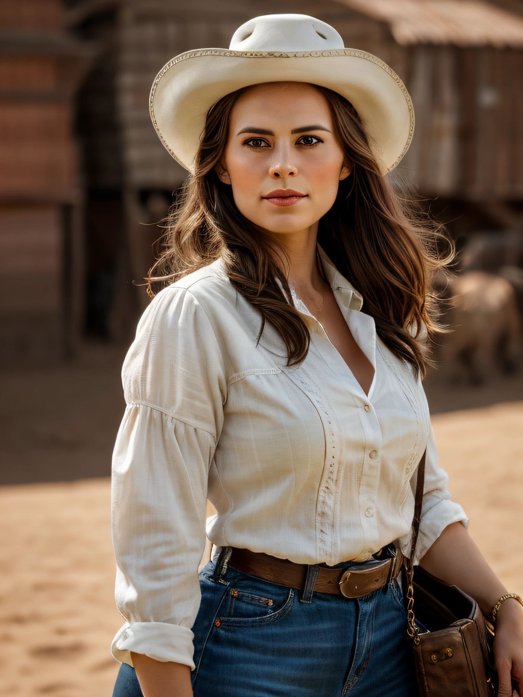 (Thirty year old) woman, standing beside a horse, dressed as an old western cowgirl, cowboy boots, long legs, dreamy photo, looking straight at camera, slight smile, full lips, pearl skin, old western, Wild West, monument valley, dusty, andre kohn, Canon, (Detailed features::1.2), real life. Hayley Atwell, intricate, 8k, highly detailed, (extremely detailed CG unity 8k wallpaper), ((square jaw)), (well defined jaw), (downturned lips), (detailed anatomy), Hyperrealistic full shot body image, trending on CGSociety, Intricate, High Detail, Sharp focus, dramatic, volumetric lighting, vibrant, warm colours, digital painting, intense, modelshoot style, (extremely detailed CG unity 8k wallpaper), full body photo, camera far away, wide angle, the most beautiful artwork in the world, professional majestic oil painting