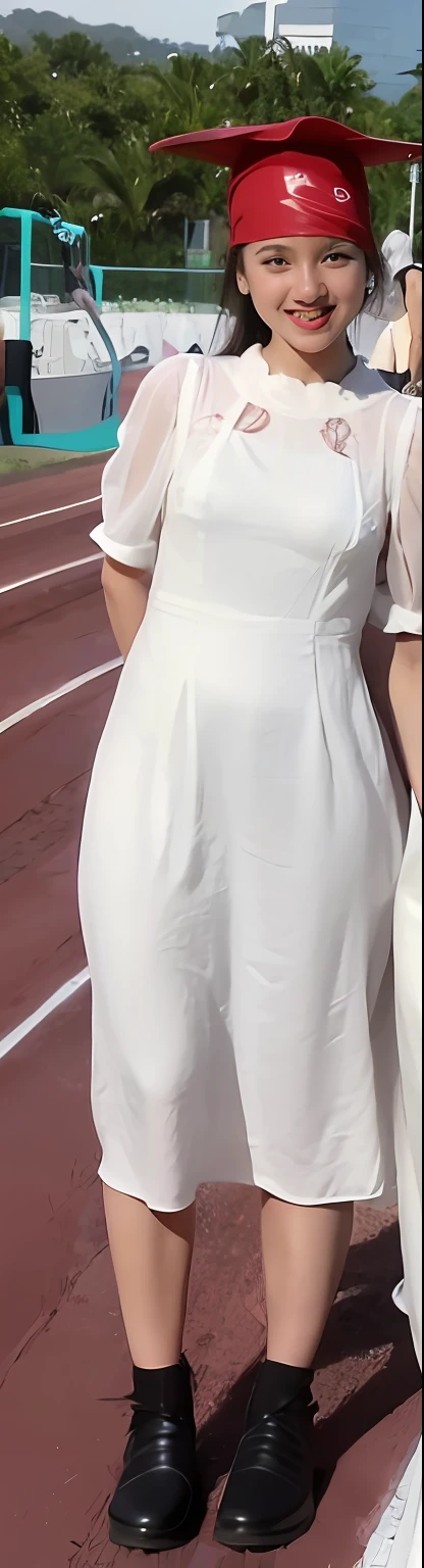 Two were wearing white dresses，Woman in red hat standing on the track, Long white dress, wears a white dress, ancient white dress, Women's long skirt, Long dress, White dress, wearing a white folkdrakt dress, Wearing a white dress, simple cream dress, Wearing a white flowing dress, very very low quality picture, in a long white dress