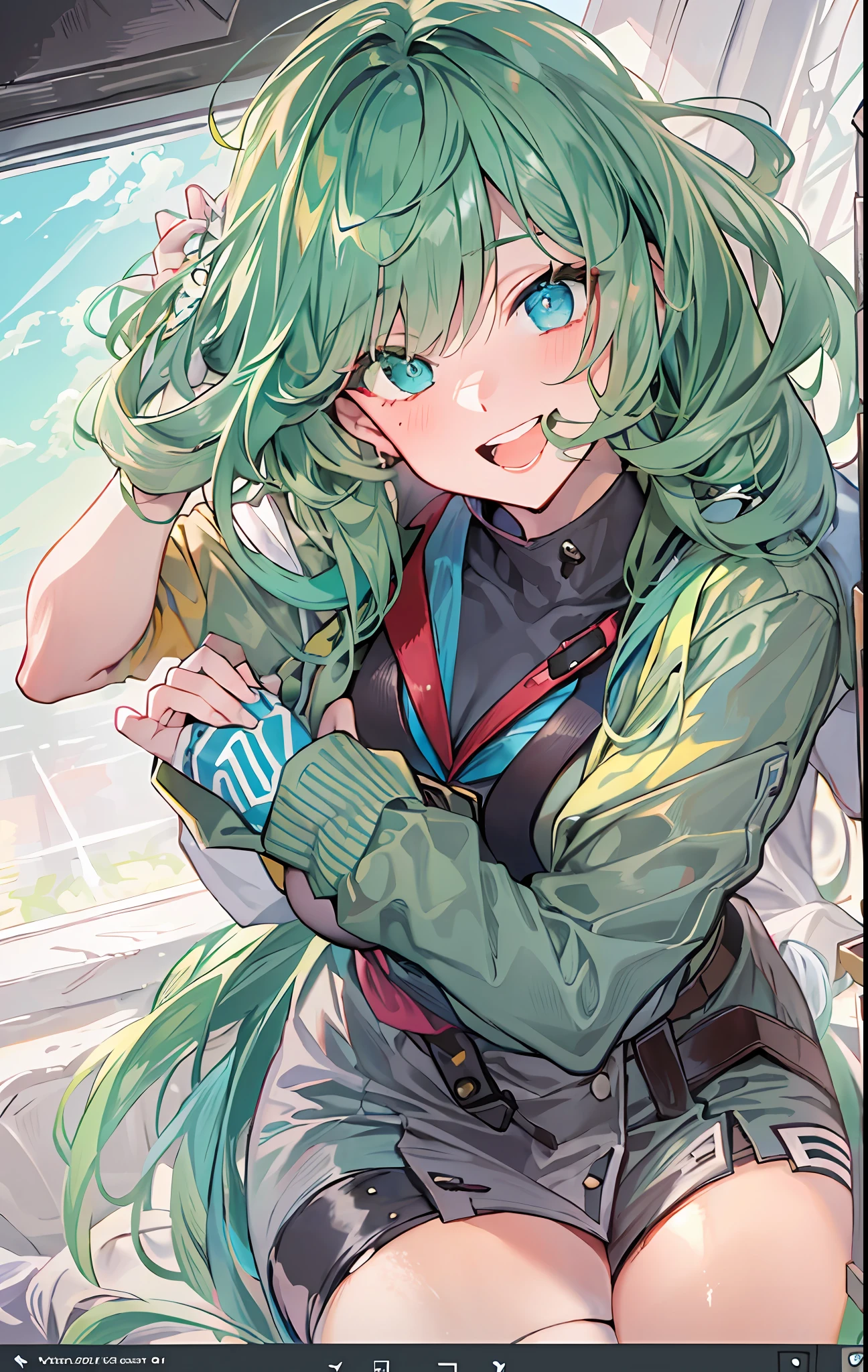 (SFW), masterpiece, best quality, highres 64k, professional artwork, famous artwork, clean, cinematic lighting, heterochromia eyes + beautiful eyes + detail, beautiful hair + detail, multicoloured hair (Blue and green), (sexy young female body:1.4), ( medium breasts, lactation), happy:1.2, smile, sexy looking at the viewer, floating hair, Griffin Uniform:1.3 indoors, doorway, clothes tied on waist