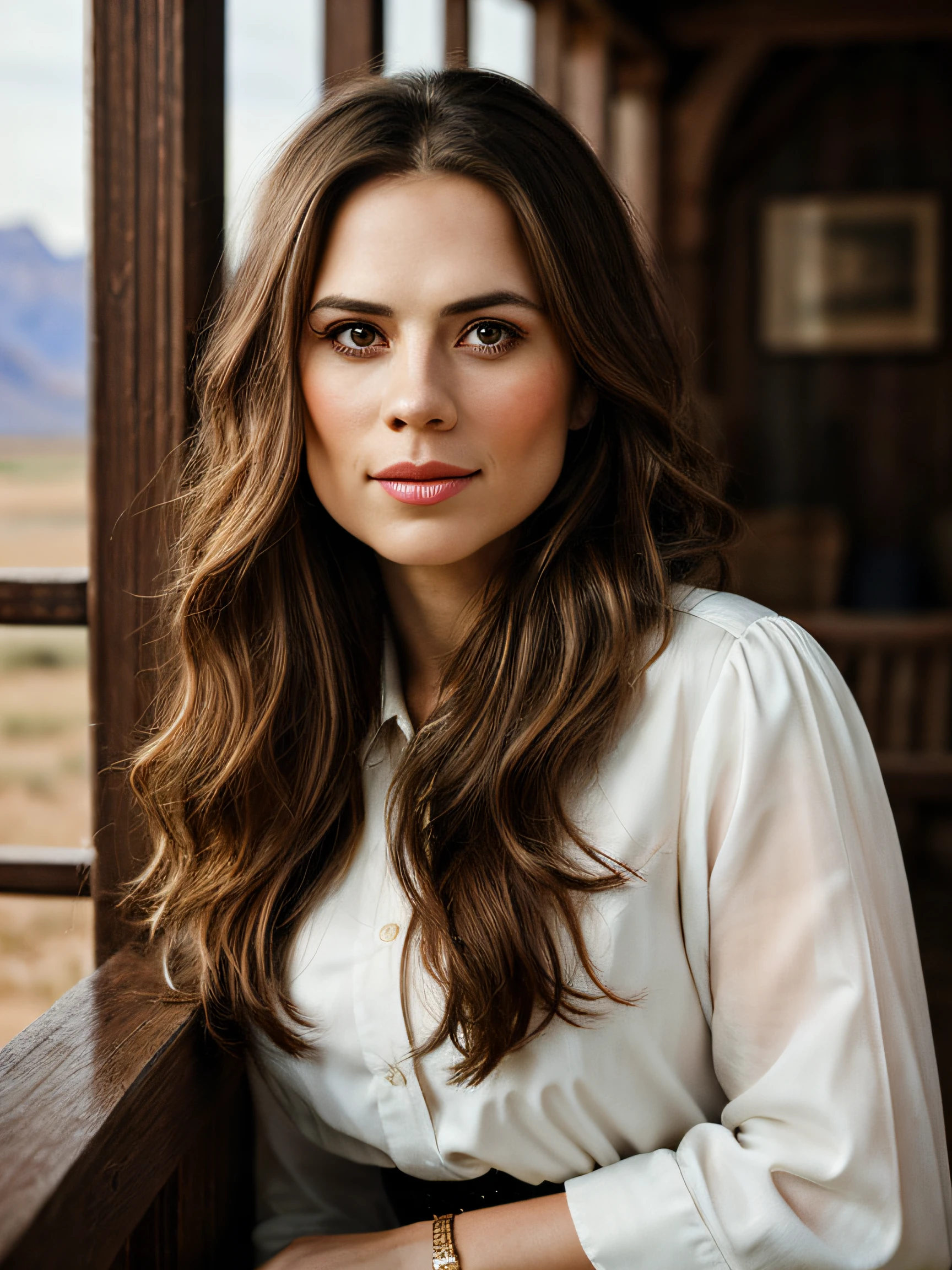 (Thirty year old) woman, standing beside a horse, dressed as an old western cowgirl, cowboy boots, long legs, dreamy photo, looking straight at camera, slight smile, full lips, pearl skin, old western, Wild West, monument valley, dusty, andre kohn, Canon, (Detailed features::1.2), real life. Hayley Atwell, intricate, 8k, highly detailed, (extremely detailed CG unity 8k wallpaper), ((square jaw)), (well defined jaw), (downturned lips), (detailed anatomy), Hyperrealistic full shot body image, trending on CGSociety, Intricate, High Detail, Sharp focus, dramatic, volumetric lighting, vibrant, warm colours, digital painting, intense, modelshoot style, (extremely detailed CG unity 8k wallpaper), full body photo, camera far away, wide angle, the most beautiful artwork in the world, professional majestic oil painting