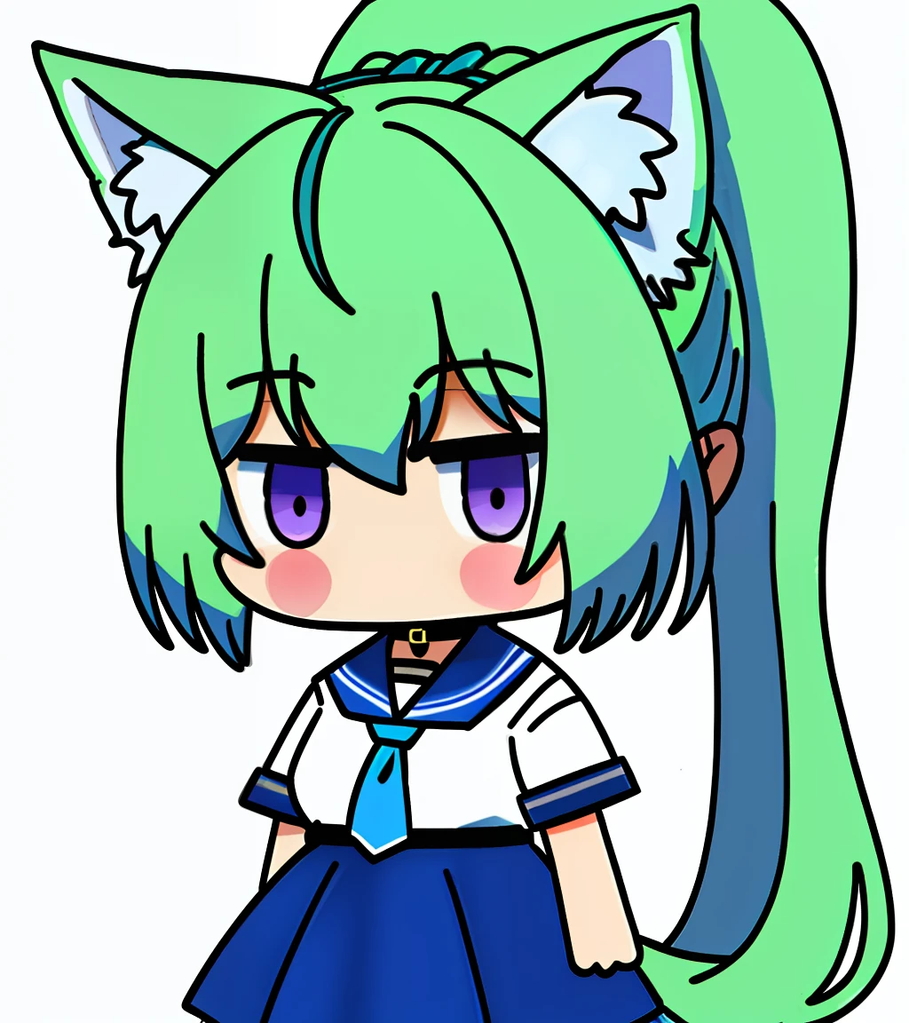 full bodyesbian, (Padoro meme 1 girl), pony tails, (school uniform), Blue dress, Animal ears, Cat ears, Collar, tiese, tie, ((Blue and green)), Bare shoulders, Blush, Animal ear villi