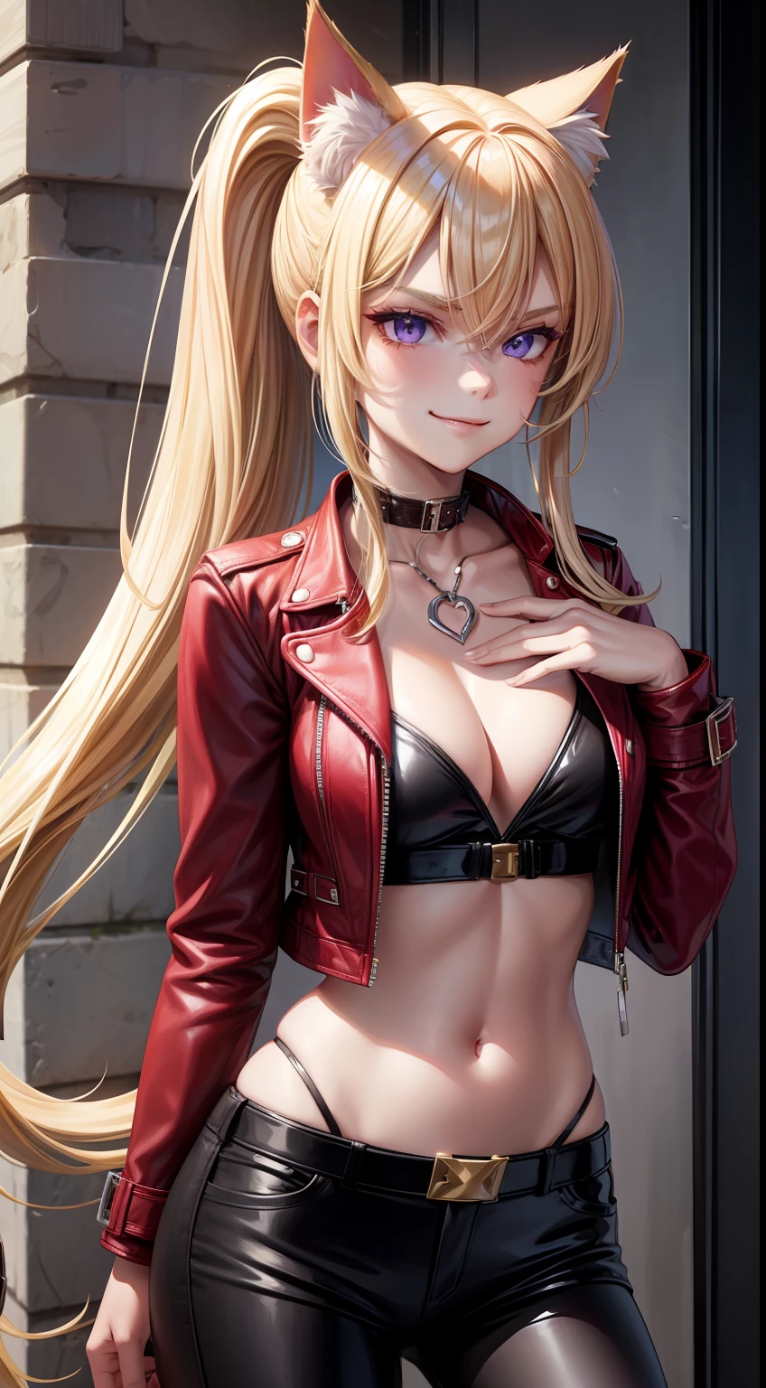 young girl, long blonde hair, high ponytail, cat ears, violet eyes, red leather jacket, briefs, open belly, neckline on the chest, smirk, cigarette, Masterpiece, hiquality