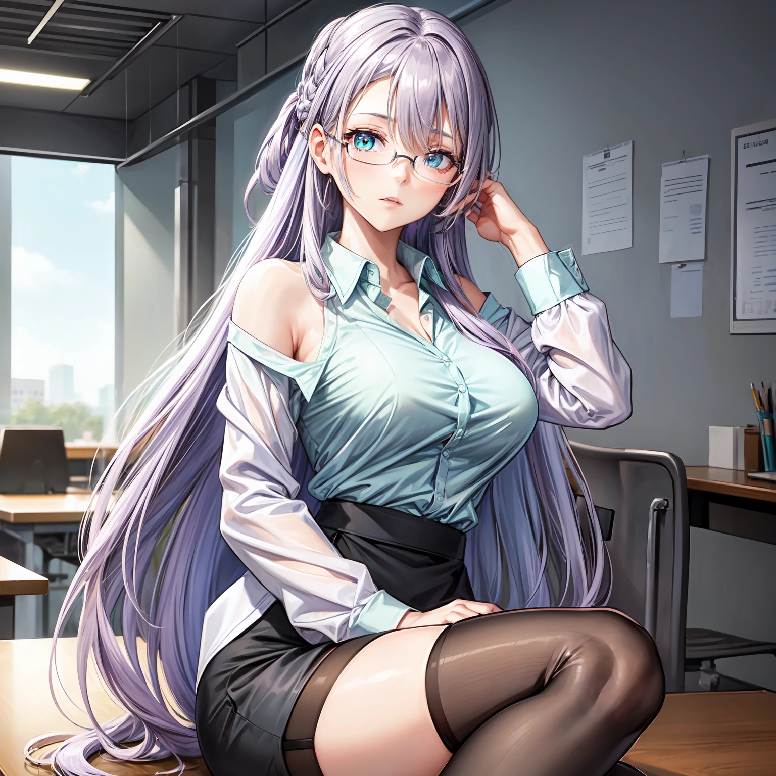 1 girl, lavender hair, long hair, lavender mature half updo, bangs hanging on the left side shoulder length hair strands hanging on either side tucked behind ears, light blue green eyes, Women's rimless glasses, large breast, sleevess office lady tight shirt, unbottened office shirt, pencil skirt, pair black stocking, outdoor, perfect finger shape, the number of fingers is not excessive