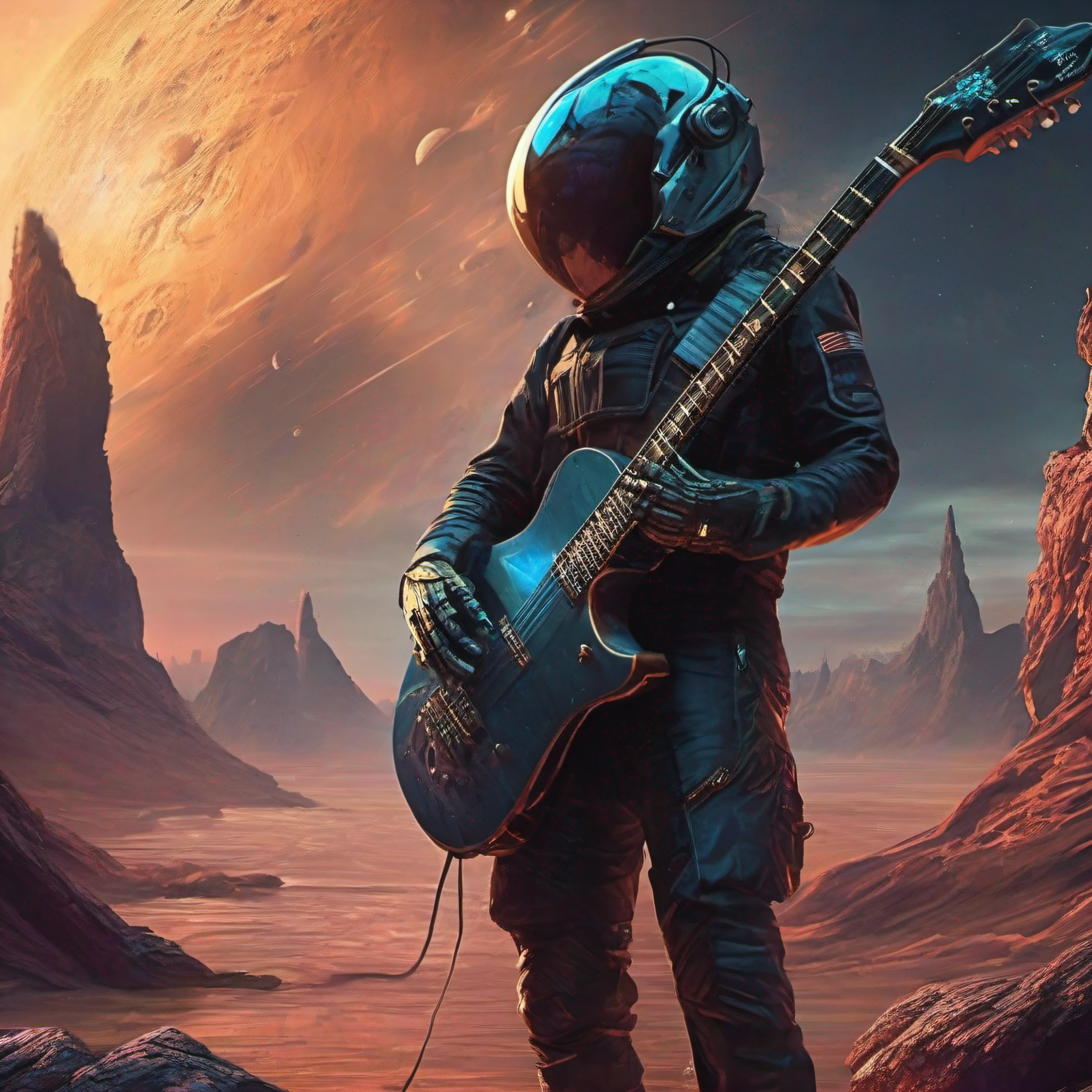 "Science fiction movie poster, guitarra en forma de nave espacial, estilo cyberpunk, despegando desde la tierra."