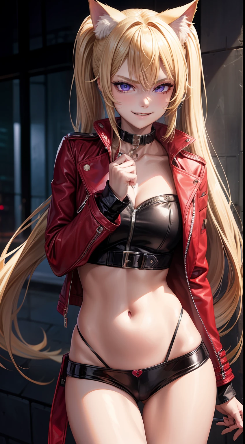 young girl, long blonde hair, high ponytail, cat ears, violet eyes, red leather jacket, briefs, open belly, neckline on the chest, smirk, cigarette, Masterpiece, hiquality