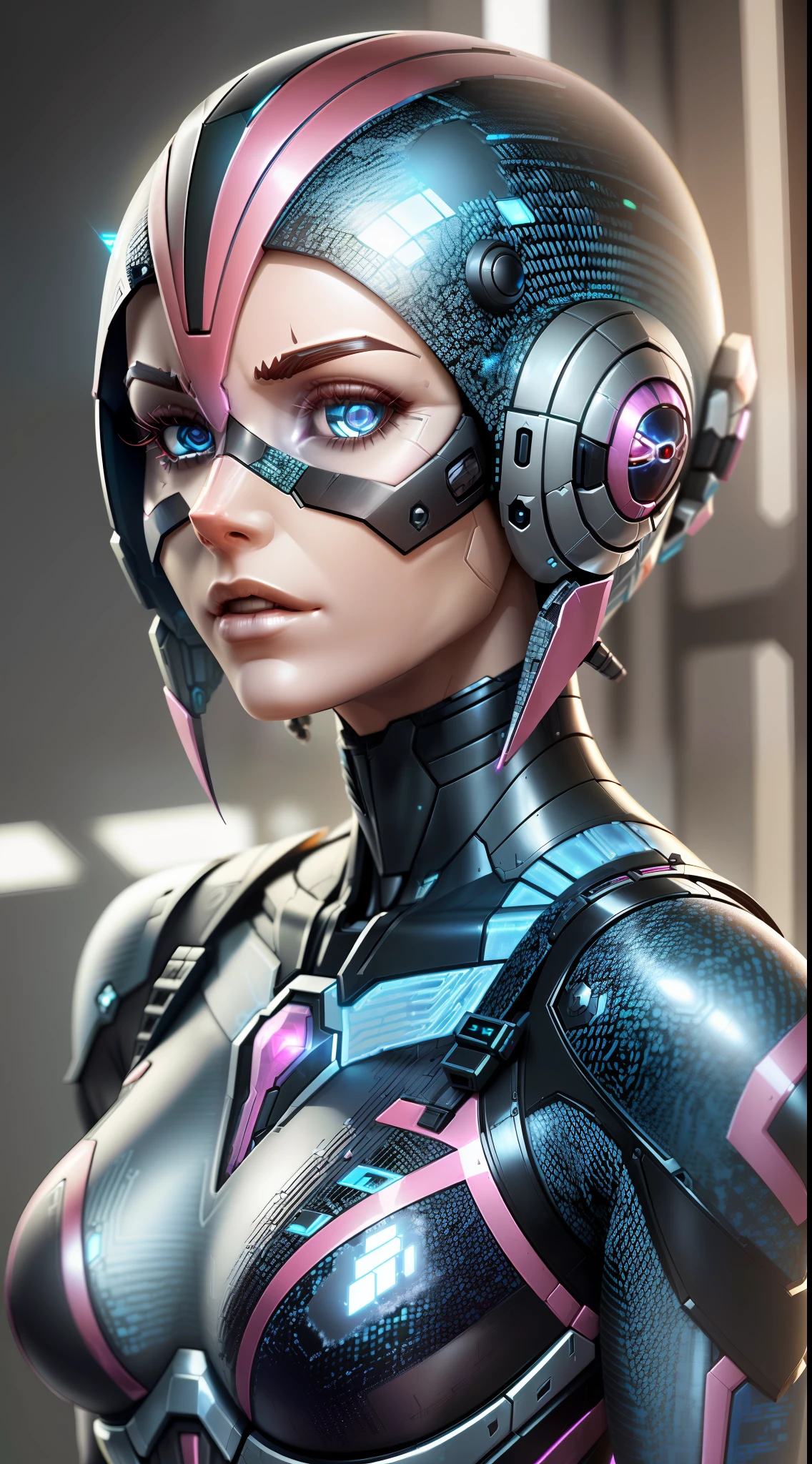 (corpo inteiro), soio, Ultra alta qualidade, maximum definition, 8k, Arcee (Transformadores: War for Cybertron), (identical to the series), (head identical to cartoon), (cyborg), totalmente humanizado, human skin, Rosto detalhado, Olhos detalhados, robotic body, Human-robot transition, robotic human, (Synthetic skin)
