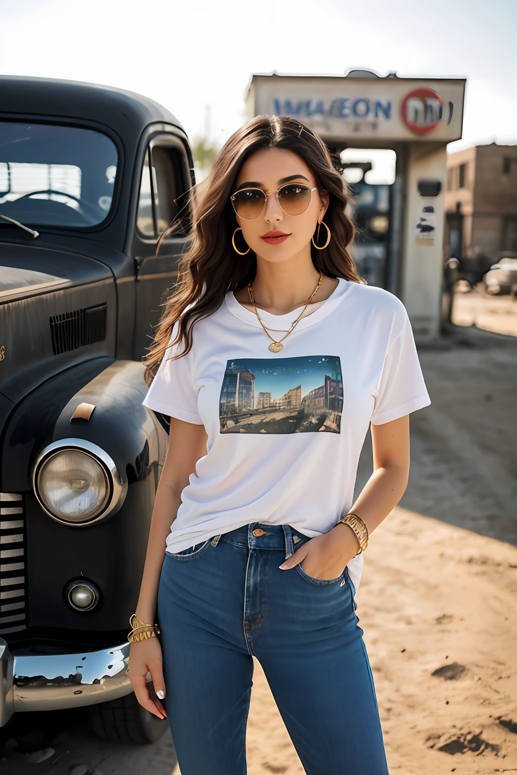 (RAW photo, realism: 1.8), (dark lip gloss, dull lipstick, many eyelashes, black eye shadow, shy, blushing, high quality, high resolution, depth of field, chromatic aberration, caustic, wide light, natural colors, 30 year old woman), in vintage dark sunglasses, thin gold chain, small earrings, gold bracelets, wear many accessories, large breasts, style a seriousness, 
((Best Quality, 8k, Masterpiece:1.3)), Focus: 1.2, Perfect Body Beauty: 1.4, Arabian 30 years old woman: 1.2, (long weavy black hairs)), (Black baggy basic tee-shirt:1.1), White Basic full body length tee-shirt,Blue damage style skinny jeans, long jeans: 1.1, Highly detailed face and skin texture, Detailed eyes, Double eyelids, toned body, Whitened skin, minor smile, large breasts, toned legs, beautiful feets, long heel's, standing at old gas station, detailed feets and fingers, perfect feet's, toned legs, whitened skin, detailed sharp eyes and face, middle eastern woman, full length baggy basic tee-shirt, Black plain Baggy Tee-shirt, toned hips, 8K UHD, thin gold chain in neck, model looks, wearing wrist watch, bracelet, bangle's open legs style Posing, daylight, dusty and sunny, standing at ruined city, dusty atmosphere, full body shot, heel's, sunlight raises on background, standing near old gas station with old vintage cars El Camino, eyes cover with dark sunglasses