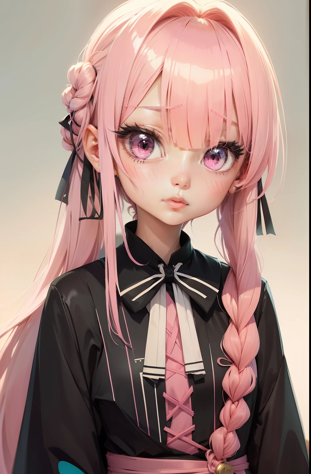 Anime girl with pink hair and pink eyes in a black dress, an anime drawing inspired by Munakata Shikō, trending on pixiv, shin hanga, pink twintail hair and cyan eyes, extremely cute anime girl face, An anime girl, anime visual of a cute girl, Anime girl with long hair, up of young anime girl, cute anime girl portraits,The hair is all pink