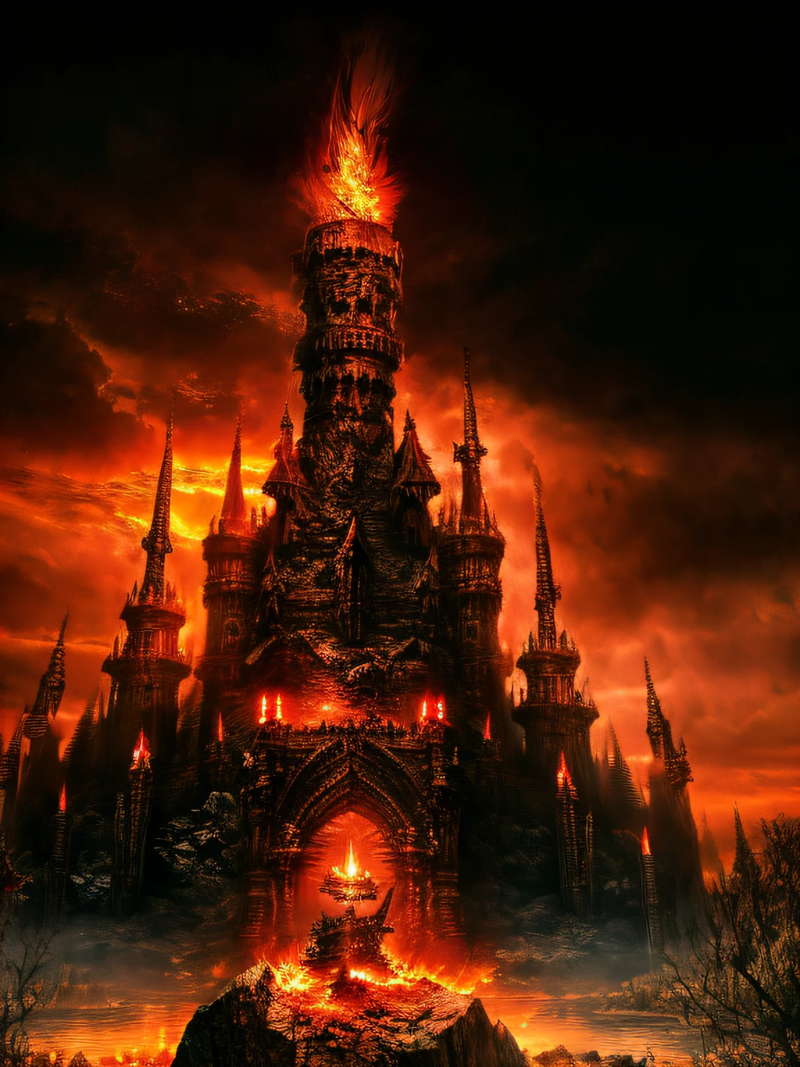 (extremely detailed 8k wallpaper), cinematic action, demonic sword in a rock in a lake of blood surrounded by a wall of fire, close up, night, dramatic lighting