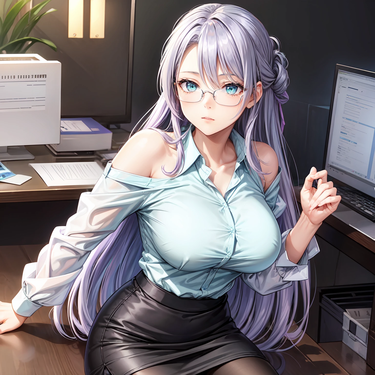 1 girl, lavender hair, long hair, lavender mature half updo, bangs hanging on the left side shoulder length hair strands hanging on either side tucked behind ears, light blue green eyes, Women's rimless glasses, large breast, sleevess office lady tight shirt, unbottened office shirt, pencil skirt, pair black stocking, outdoor, perfect finger shape, the number of fingers is not excessive
