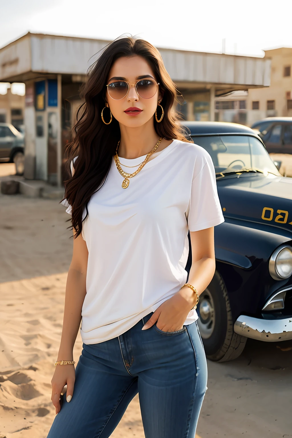 (RAW photo, realism: 1.8), (dark lip gloss, dull lipstick, many eyelashes, black eye shadow, shy, blushing, high quality, high resolution, depth of field, chromatic aberration, caustic, wide light, natural colors, 30 year old woman), in vintage dark sunglasses, thin gold chain, small earrings, gold bracelets, wear many accessories, large breasts, style a seriousness,
((Best Quality, 8k, Masterpiece:1.3)), Focus: 1.2, Perfect Body Beauty: 1.4, Arabian 30 years old woman: 1.2, (long weavy black hairs)), (Black baggy basic tee-shirt:1.1), White Basic full body length tee-shirt,Blue damage style skinny jeans, long jeans: 1.1, Highly detailed face and skin texture, Detailed eyes, Double eyelids, toned body, Whitened skin, minor smile, large breasts, toned legs, beautiful feets, long heel's, standing at old gas station, detailed feets and fingers, perfect feet's, toned legs, whitened skin, detailed sharp eyes and face, middle eastern woman, full length baggy basic tee-shirt, Black plain Baggy Tee-shirt, toned hips, 8K UHD, thin gold chain in neck, model looks, wearing wrist watch, bracelet, bangle's open legs style Posing, daylight, dusty and sunny, standing at ruined city, dusty atmosphere, full body shot, heel's, sunlight raises on background, standing near old gas station with old vintage cars El Camino, eyes cover with dark sunglasses