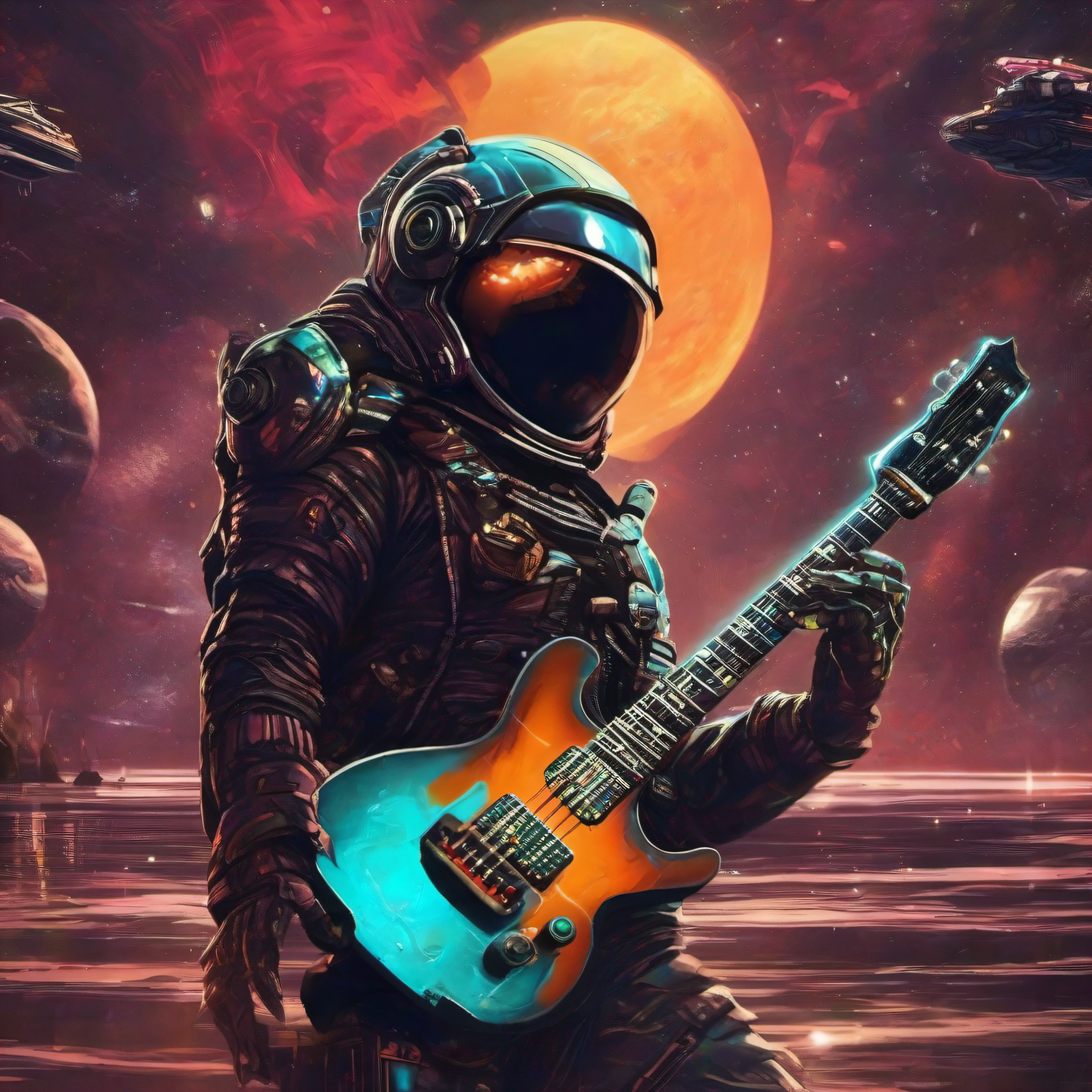 Science fiction film, cartel de guitarra en forma de nave espacial, estilo cyberpunk, despegando dede la tierra.