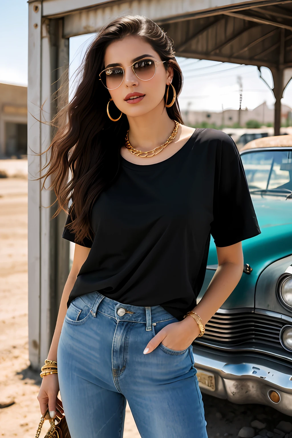 (RAW photo, realism: 1.8), (dark lip gloss, dull lipstick, many eyelashes, black eye shadow, shy, blushing, high quality, high resolution, depth of field, chromatic aberration, caustic, wide light, natural colors, 30 year old woman), in vintage dark sunglasses, thin gold chain, small earrings, gold bracelets, wear many accessories, large breasts, style a seriousness,
((Best Quality, 8k, Masterpiece:1.3)), Focus: 1.2, Perfect Body Beauty: 1.4, Arabian 30 years old woman: 1.2, (long weavy black hairs)), (Black baggy basic tee-shirt:1.1), White Basic full body length tee-shirt,Blue damage style skinny jeans, long jeans: 1.1, Highly detailed face and skin texture, Detailed eyes, Double eyelids, toned body, Whitened skin, minor smile, large breasts, toned legs, beautiful feets, long heel's, standing at old gas station, detailed feets and fingers, perfect feet's, toned legs, whitened skin, detailed sharp eyes and face, middle eastern woman, full length baggy basic tee-shirt, Black plain Baggy Tee-shirt, toned hips, 8K UHD, thin gold chain in neck, model looks, wearing wrist watch, bracelet, bangle's open legs style Posing, daylight, dusty and sunny, standing at ruined city, dusty atmosphere, full body shot, heel's, sunlight raises on background, standing near old gas station with old vintage cars El Camino, eyes cover with dark sunglasses