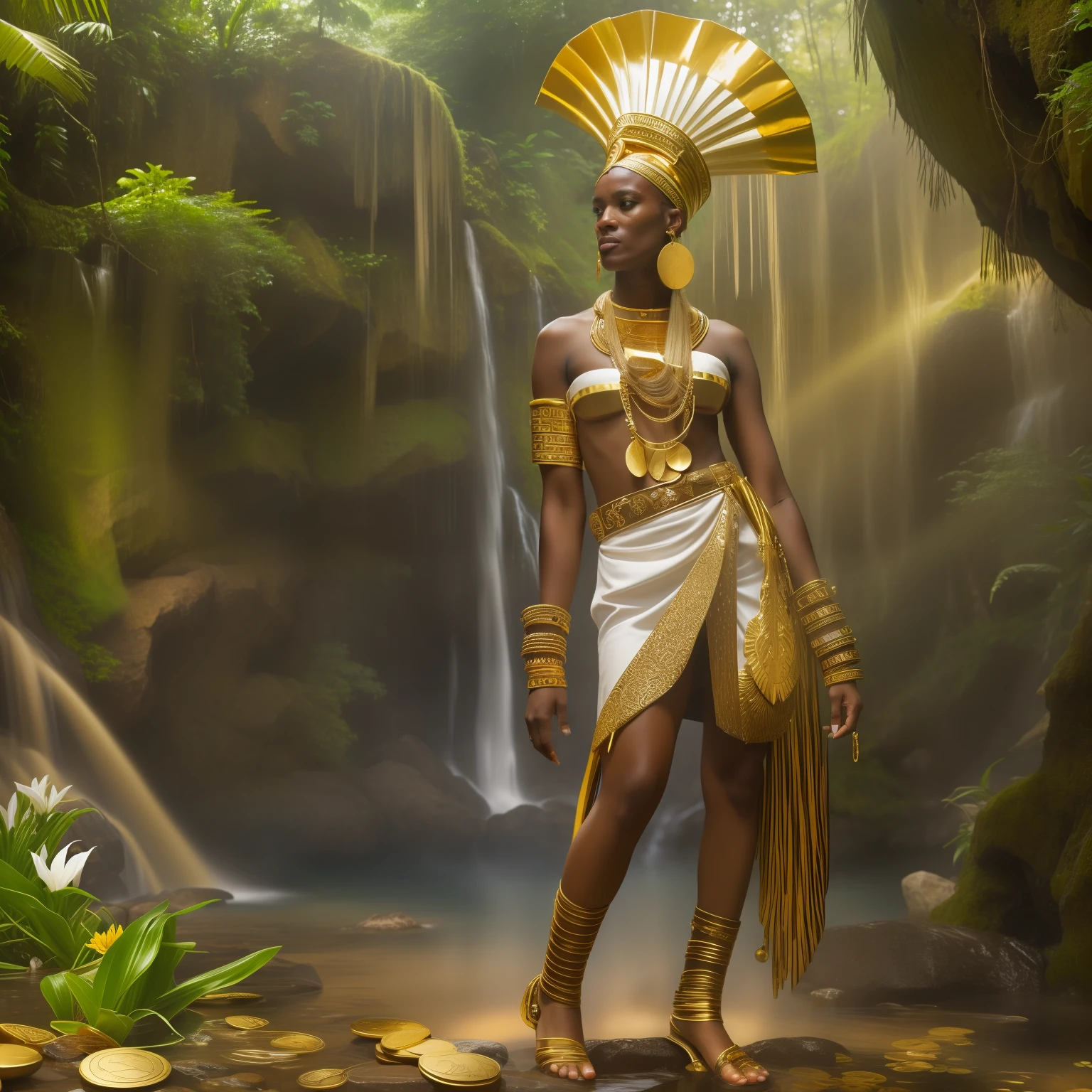 Orisha oxum, Deusa africana, African accessories, Golden sequined skirt with slit belt with conch shells, cinto dourado, colares Zulu, Nigeria, inspirada em Grace Jones, cachoeira, lilies, Afrofuturismo, misticismo, African culture, tribal makeup, Orisha oxum, with necklace around African style, with bare breasts adorned with golden bracelets;, saia longa dourada, belt with gold coins and whelks, braided hair and mirror in hand in a waterfall with white lilies on feet,