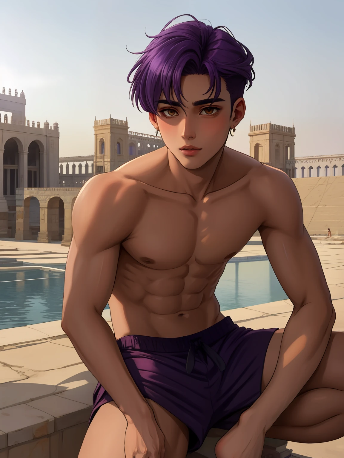 Ojos violetas masculinos masculinos definidos , mongrel violet hair teenager 15 years shirtless skin broced clothes of ancient Egypt egyptian palaces in the background