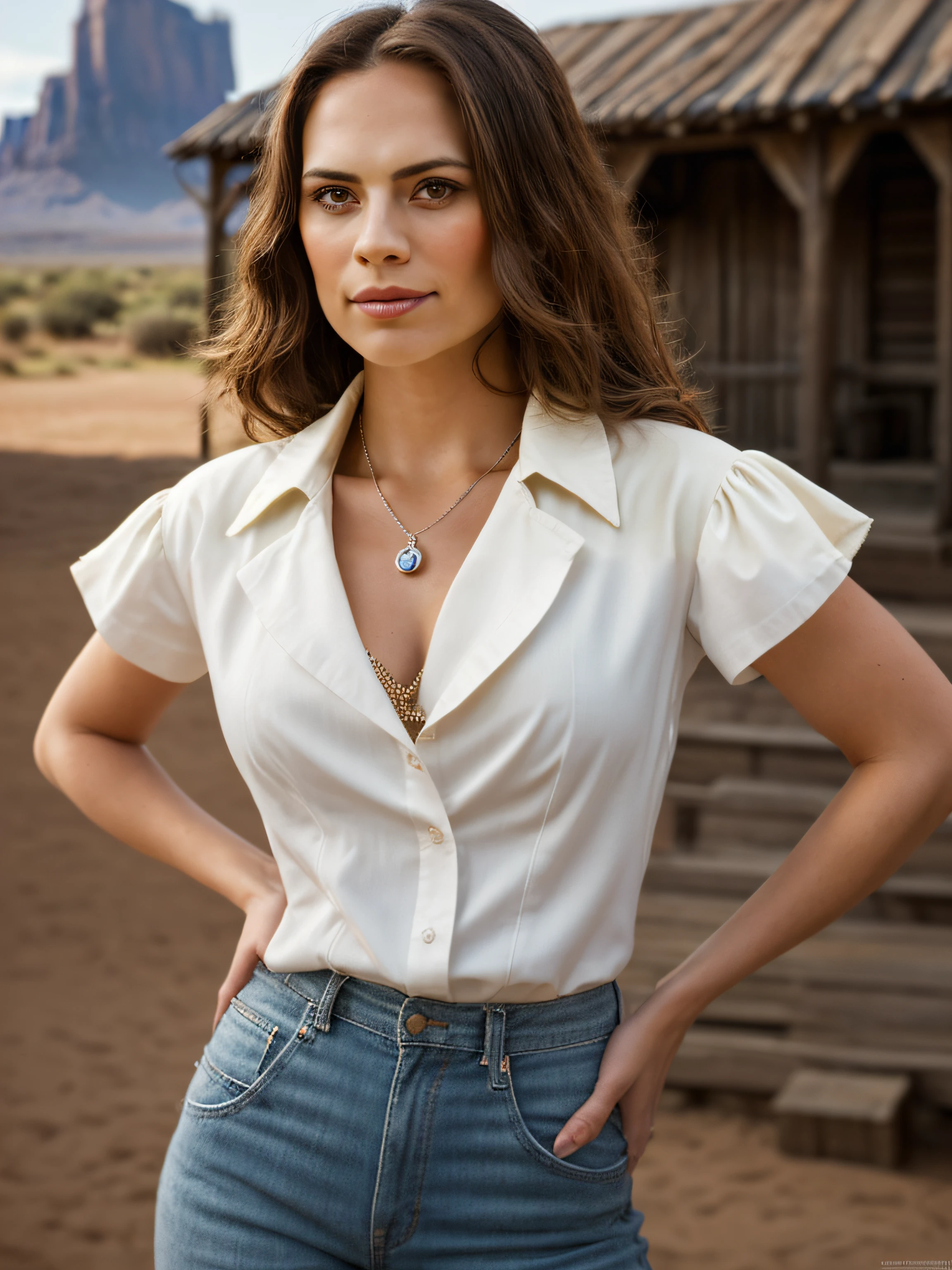 Thirty year old) woman, standing beside an old wooden building, dressed as an old western cowgirl, cowboy boots, long legs, dreamy photo, looking straight at camera, slight smile, full lips, pearl skin, old western, Wild West, monument valley, dusty, andre kohn, Canon, (Detailed features::1.2), real life. Hayley Atwell, intricate, 8k, highly detailed, (extremely detailed CG unity 8k wallpaper), ((square jaw)), (well defined jaw), (downturned lips), (detailed anatomy), Hyperrealistic full shot body image, trending on CGSociety, Intricate, High Detail, Sharp focus, dramatic, volumetric lighting, vibrant, warm colours, digital painting, intense, modelshoot style, (extremely detailed CG unity 8k wallpaper), full body photo, camera far away, wide angle, the most beautiful artwork in the world, professional majestic oil painting