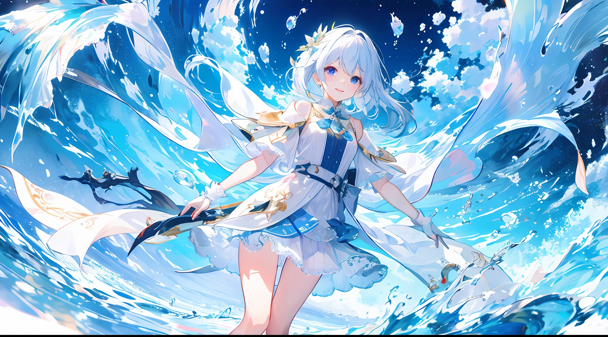 （Masterpiece）Super high quality detailed illustration，Fresh and transparent glass clothes girl，Transparent water quality body，is smiling happily，Side arm posture。The background is rich in detail，In the ethereal sight of summer，Cumulonimbus and clouds，Waves rise in puddles，splash of water，Water droplets shine like jade，It was as if cutting through the wall of water of heaven and earth。