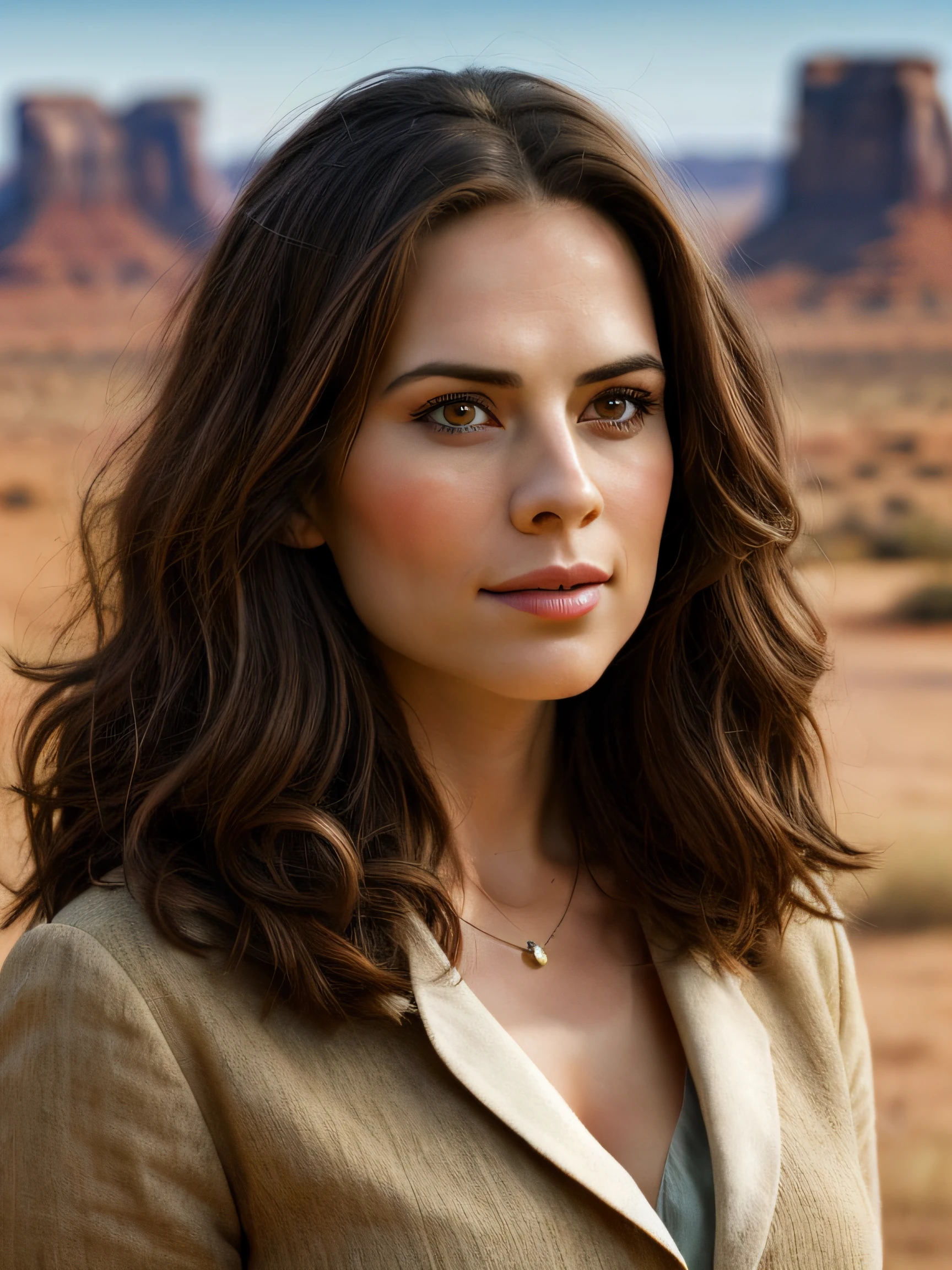 (Thirty year old) woman, standing beside a horse, dressed as an old western cowgirl, cowboy boots, long legs, dreamy photo, looking straight at camera, slight smile, full lips, pearl skin, old western, Wild West, monument valley, dusty, andre kohn, Canon, (Detailed features::1.2), real life. Hayley Atwell, intricate, 8k, highly detailed, (extremely detailed CG unity 8k wallpaper), ((square jaw)), (well defined jaw), (downturned lips), (detailed anatomy), Hyperrealistic full shot body image, trending on CGSociety, Intricate, High Detail, Sharp focus, dramatic, volumetric lighting, vibrant, warm colours, digital painting, intense, modelshoot style, (extremely detailed CG unity 8k wallpaper), full body photo, camera far away, wide angle, the most beautiful artwork in the world, professional majestic oil painting