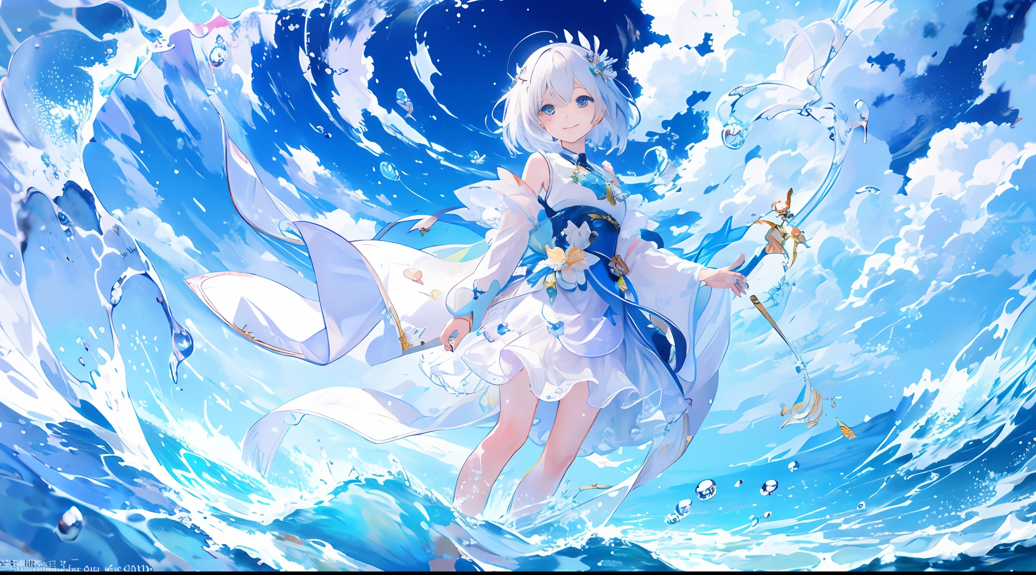 （Masterpiece）Super high quality detailed illustration，Fresh and transparent glass clothes girl，Transparent water quality body，is smiling happily，Side arm posture。The background is rich in detail，In the ethereal sight of summer，Cumulonimbus and clouds，Waves rise in puddles，splash of water，Water droplets shine like jade，It was as if cutting through the wall of water of heaven and earth。