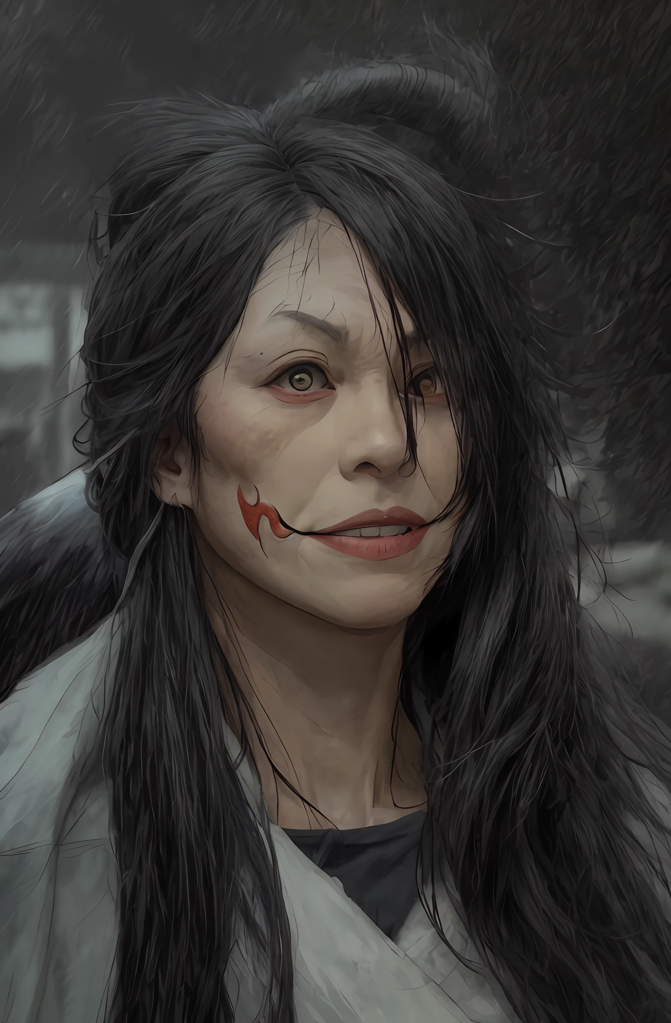 big and horrendous smile, monster sorisus, monster open mouth, cheek cut to the ear