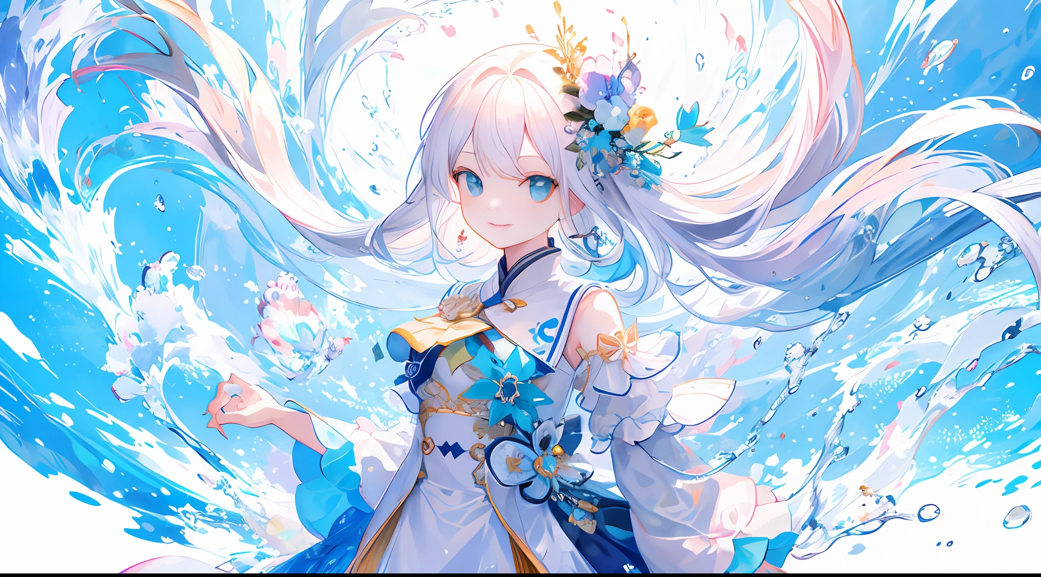 （Masterpiece）Super high quality detailed illustration，Fresh and transparent glass clothes girl，Transparent water quality body，is smiling happily，Side arm posture。The background is rich in detail，In the ethereal sight of summer，Cumulonimbus and clouds，Waves rise in puddles，splash of water，Water droplets shine like jade，It was as if cutting through the wall of water of heaven and earth。