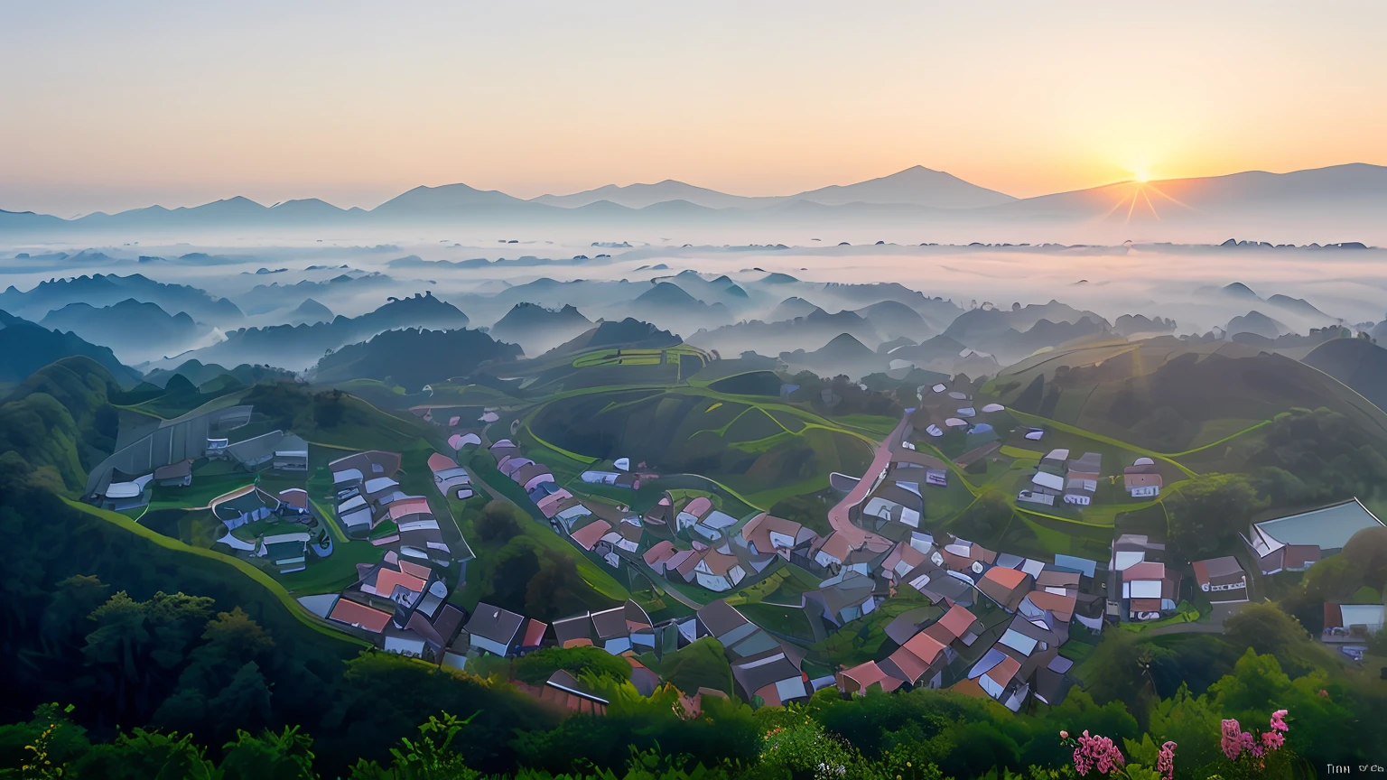 In the foreground is a mountain range of trees,Sunset in the distance, at sunrise in springtime, spring early morning, (Mist), Taiwan, Mist, spring morning, IU, pink landscape, author:Simon Garn, jin shan, author:Etienne Dressett, shaxi, pink mist, in the early morning, dreamy Chinese towns, Chinese landscape, author:Matthias Wescher