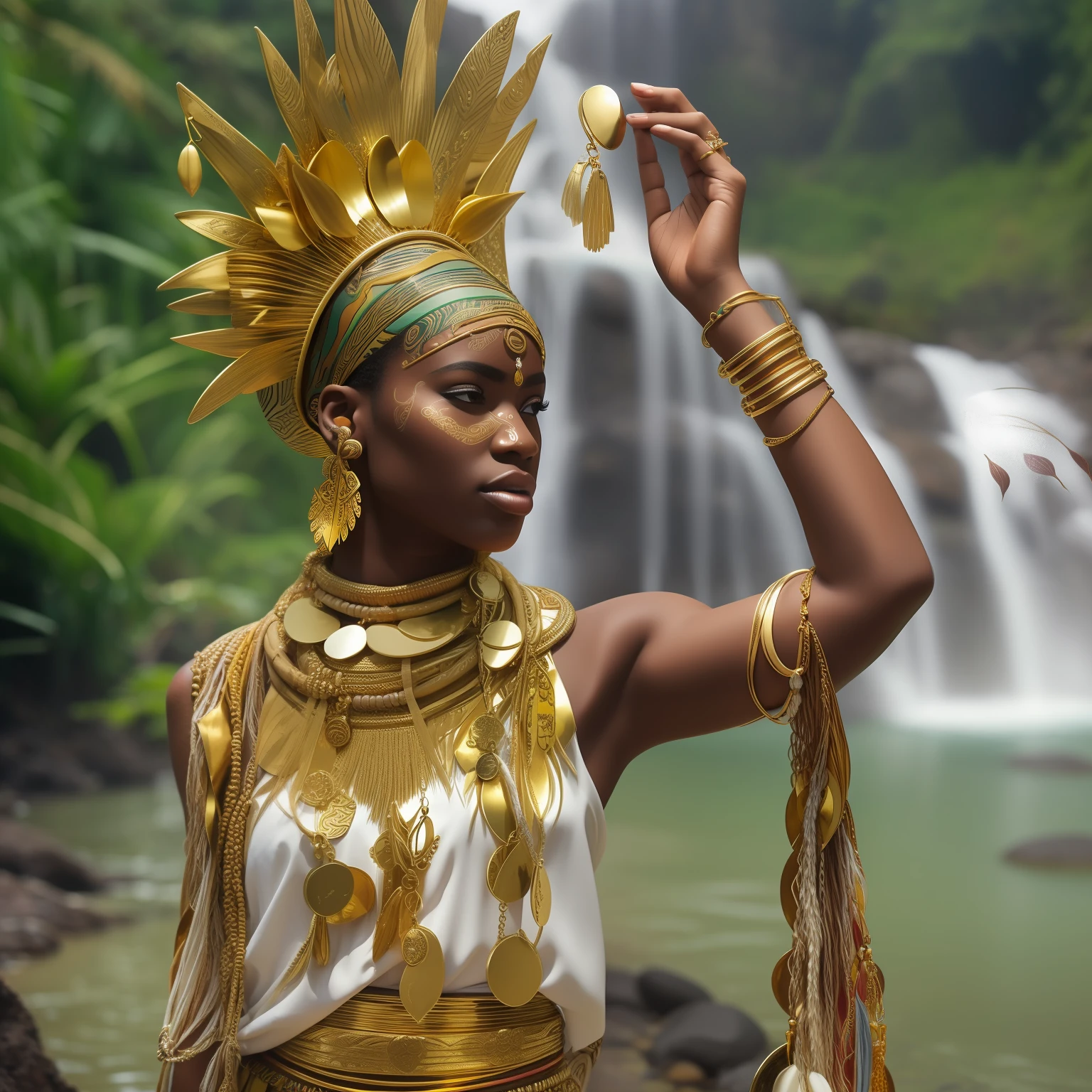 Orisha oxum, Deusa africana, African accessories, Golden sequined skirt with slit belt with conch shells, cinto dourado, colares Zulu, Nigeria, inspirada em Naomi Campbel, cachoeira, lilies, Afrofuturismo, misticismo, African culture, tribal makeup, Orisha oxum, with necklace around African style, with bare breasts adorned with golden bracelets;, saia longa dourada, belt with gold coins and whelks, braided hair and mirror in hand in a waterfall with white lilies on feet,