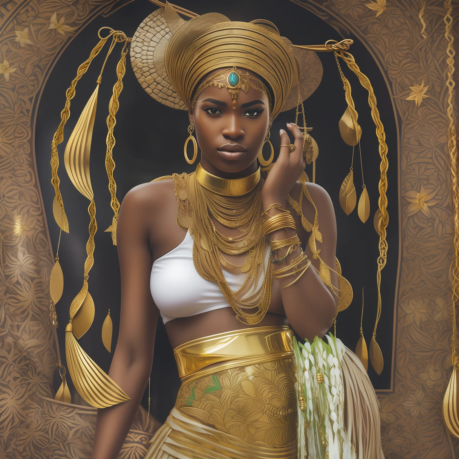Orisha oxum, Deusa africana, African accessories, Golden sequined skirt with slit belt with conch shells, cinto dourado, colares Zulu, Nigeria, inspirada em Naomi Campbel, cachoeira, lilies, Afrofuturismo, misticismo, African culture, tribal makeup, Orisha oxum, with necklace around African style, with bare breasts adorned with golden bracelets;, saia longa dourada, belt with gold coins and whelks, braided hair and mirror in hand in a waterfall with white lilies on feet,