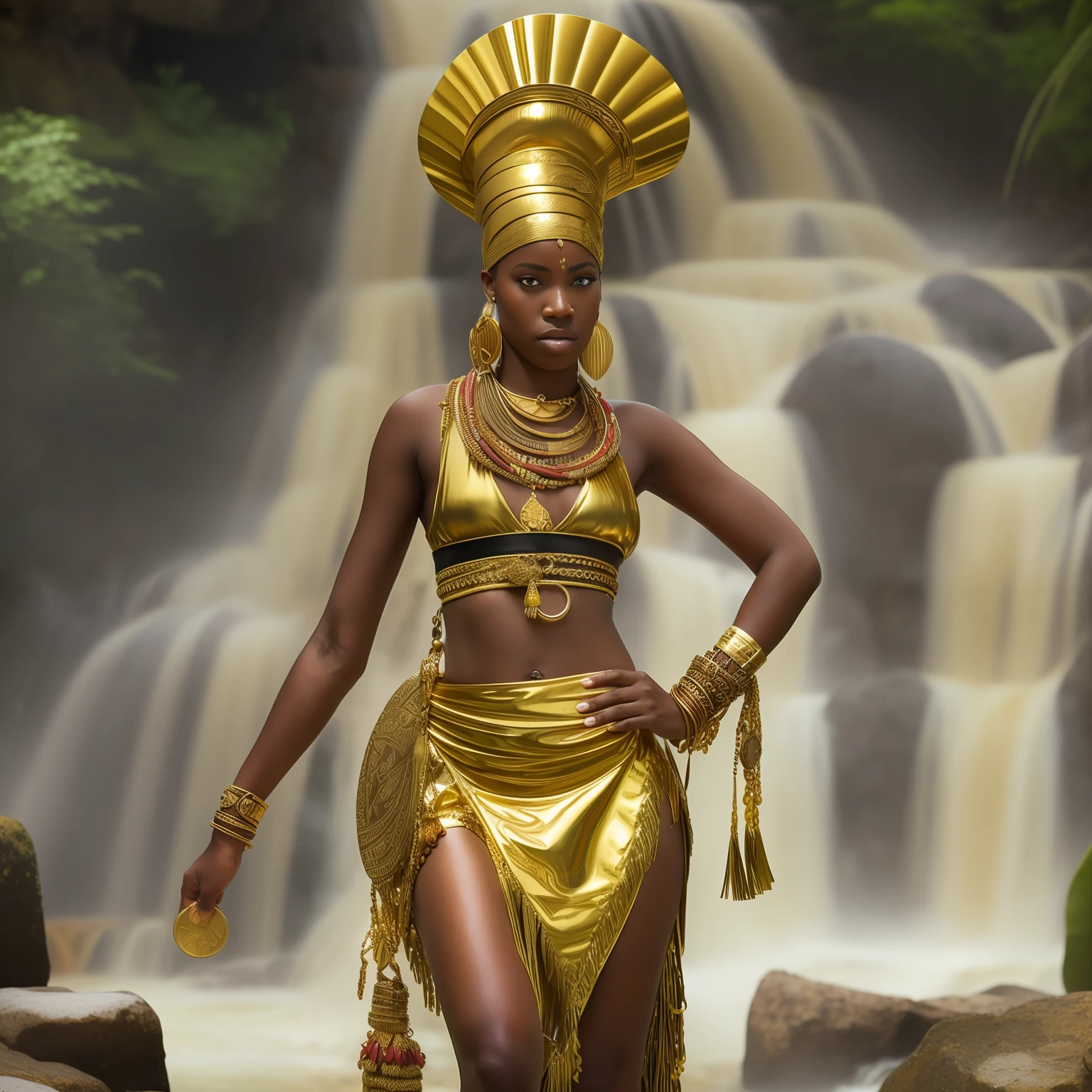 Orisha oxum, Deusa africana, African accessories, Golden sequined skirt with slit belt with conch shells, cinto dourado, colares Zulu, Nigeria, inspirada em Naomi Campbel, cachoeira, lilies, Afrofuturismo, misticismo, African culture, tribal makeup, Orisha oxum, with necklace around African style, with bare breasts adorned with golden bracelets;, saia longa dourada, belt with gold coins and whelks, braided hair and mirror in hand in a waterfall with white lilies on feet,