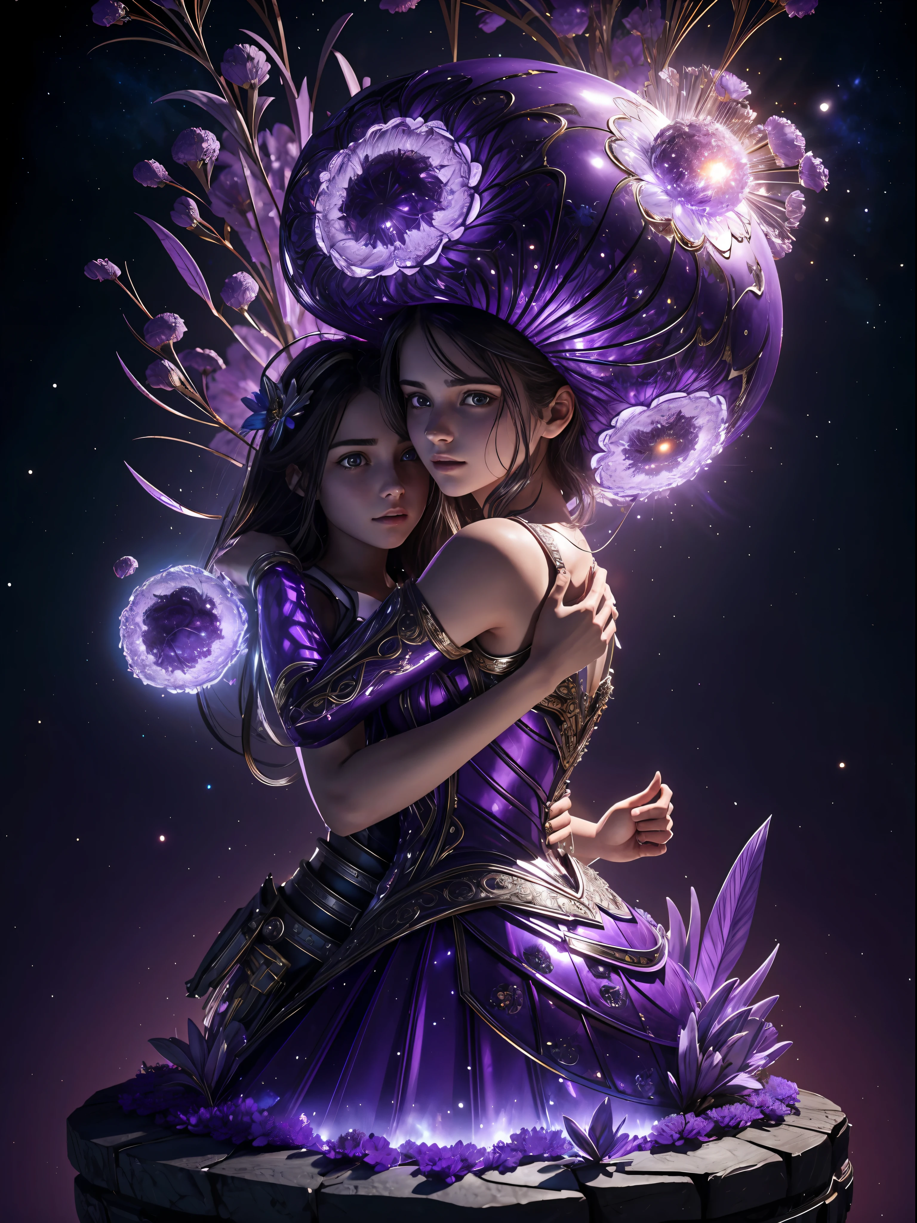 Incredible and spectacular scenes, ((high quality)), ((detailed)), ((fantasy)), "purple plasma brain, purple plasma body, realistic, best quality, 4K, flowers trapped in blisters at the top realistic, (handsome teenager and beautiful girl hugging), full body portrait", image quality (3D rendering effect) , exquisite details,