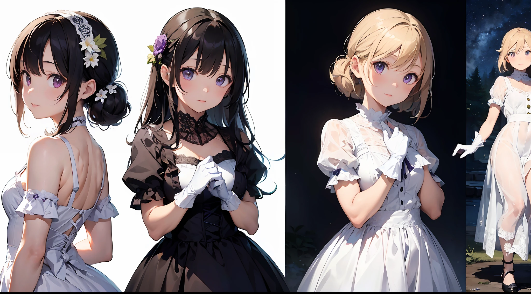 (Masterpiece), Best quality, （character sheets，Same character）, wears a white dress，Purple lace，（White lace gloves，Purple lace），There are flowers on it, Fantasy art,Lace gloves