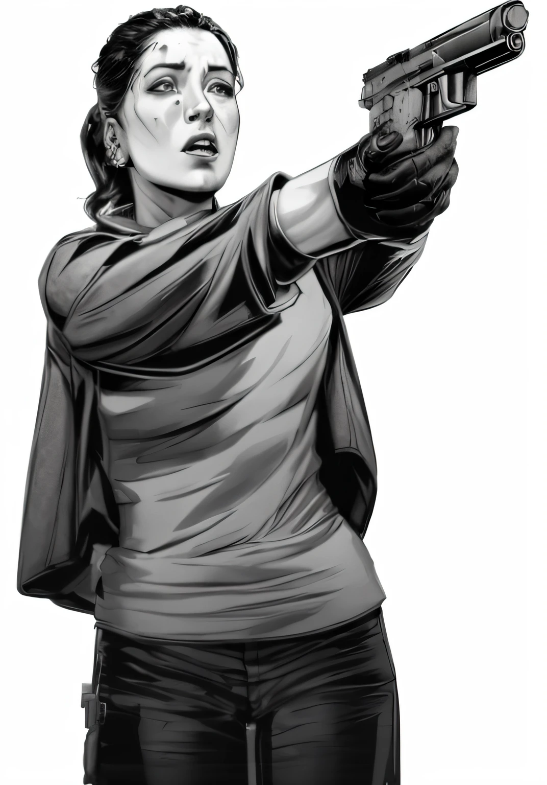 a woman holding a gun in her hand and pointing it at something, Martin then, Martin Ansin, Retrato da obra, Directed by: Mark Brooks, Arte Promocional, Lee Bermejo, protagonista feminina, Arte da sede, Closeup da arte do personagem, Imagem promocional, Ellie (last of us), arte do personagem charlie bowater, desenhado em um estilo noir, arte promocional, arte gta 5 quadrinhos