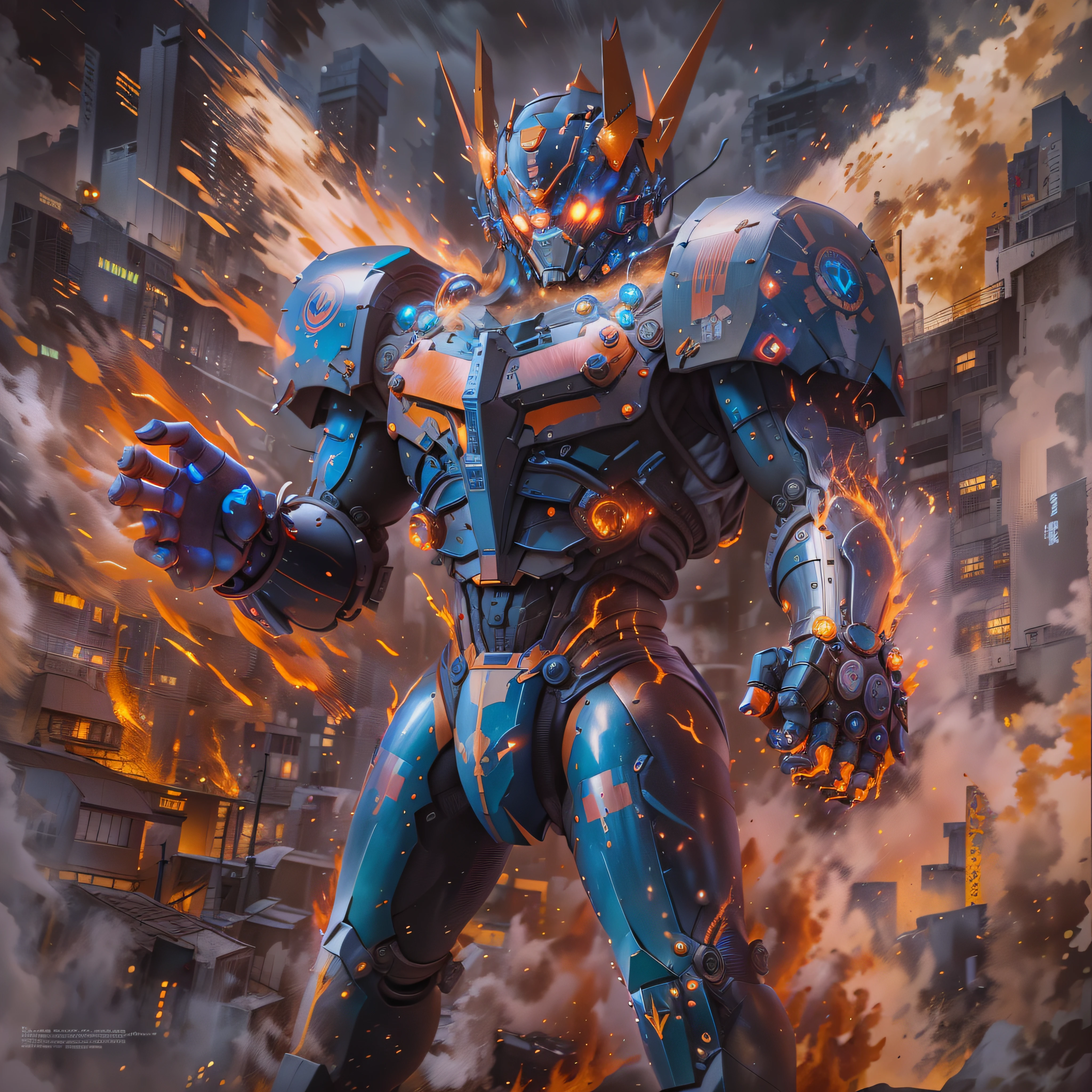 An incredible color aerial view daguerrotype of realistic looking Mazinger Z. a towering giant robot, standing at 20 meters tall. It boasts a powerful and robust frame, adorned with vibrant red and blue colors. Its head features a horn-like crest and glowing eyes. With rocket-powered fists and energy-based laser cannons, it's a formidable force. Dynamic visual effects, like flames and sparks, highlight its immense power. It represents strength, courage, and unwavering determination in the face of adversity. He is fighting against a Kaiju, a horrid intergalactic outer space foul ogre in the middle of Tokio, Japan, in 1973. You can see the perfect details in his body made of a rare metal alloy. Encaustic