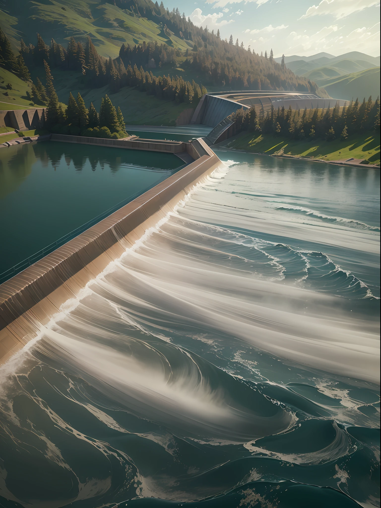 (A lake with a big water Dam, Control water, waves.), detailed, 8k, fantastic, natural