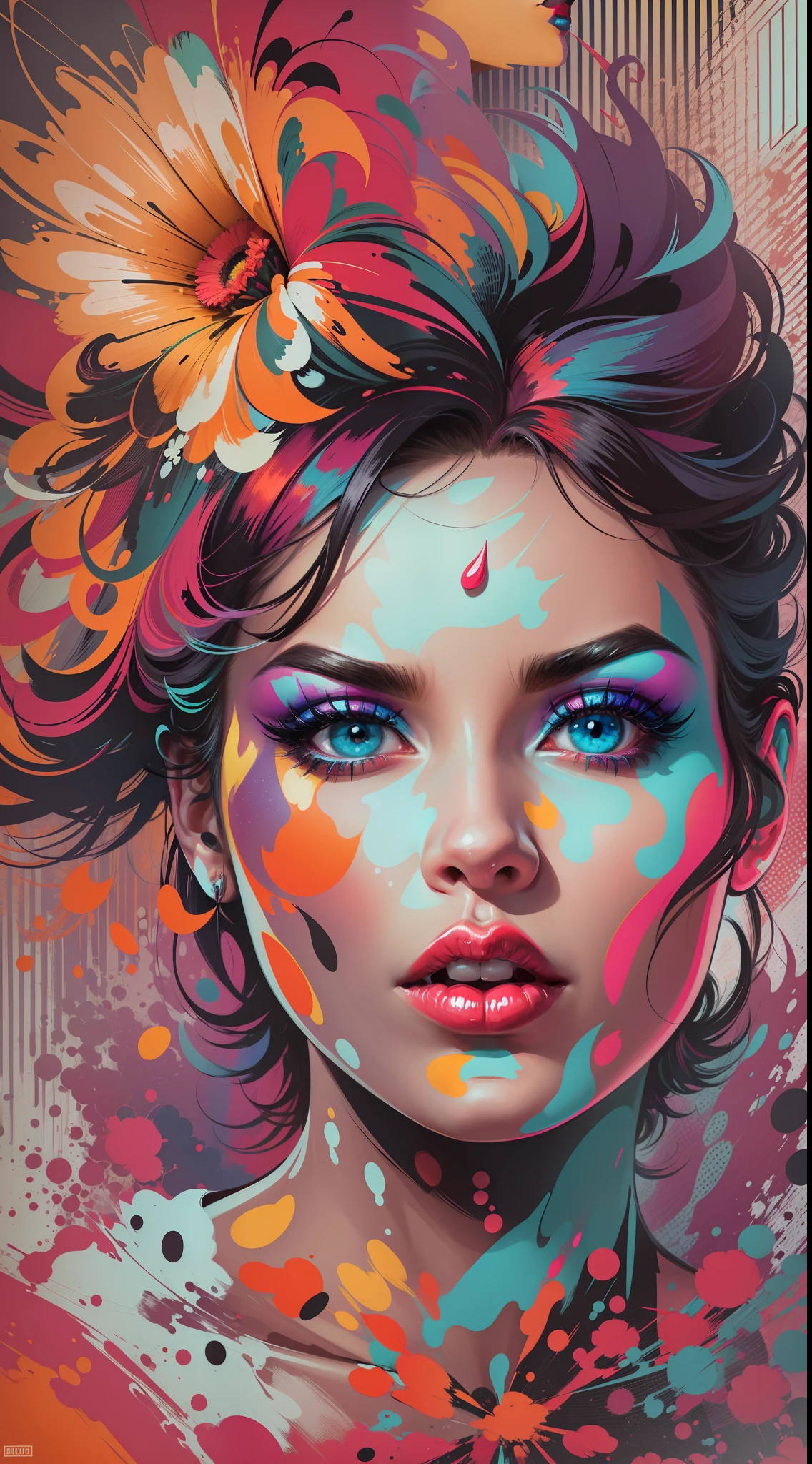 Create a digital art work in pop art style, featureing a vibrant and confident woman with bold makeup and colorfull fashion, cinematic color scheme, surrounded by abstract flower patterns, energtic brushstrokes,the mood should be dynamic.