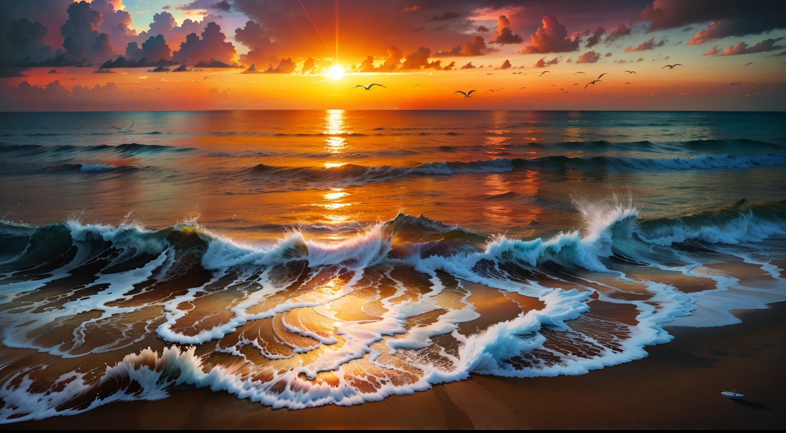 An absolutely mesmerizing sunset over the beach, with a blend of oranges, pinks, and yellows filling the sky. Crystal-clear waters of the sea gently kissing the shore, with sandy white beach stretching far and wide. The scene is dynamic and breathtaking, with seagulls soaring high in the sky and gently swaying palm trees. Take in the calming atmosphere and let the peacefulness wash over you.
