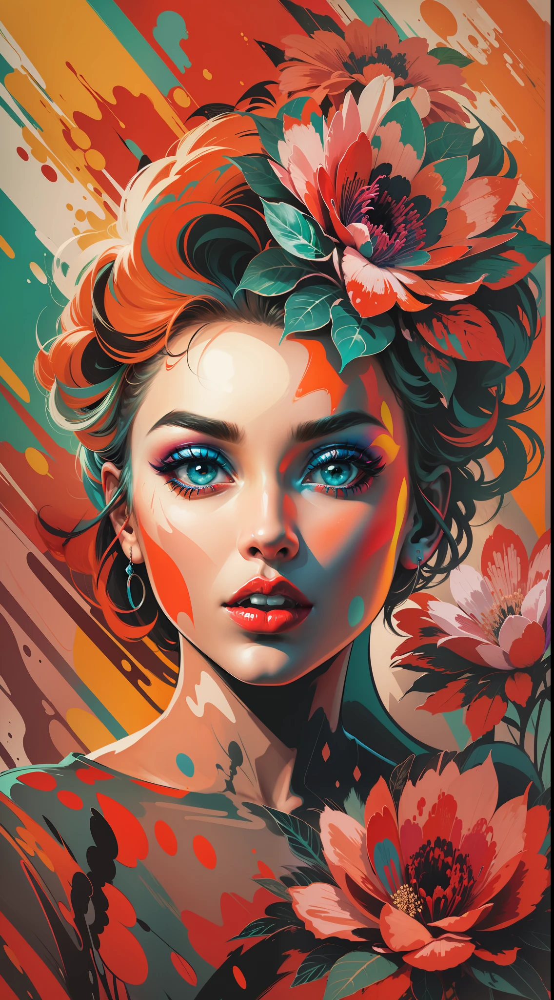 Create a digital art work in pop art style, featureing a vibrant and confident woman with bold makeup and colorfull fashion, cinematic color scheme, surrounded by abstract flower patterns, energtic brushstrokes,the mood should be dynamic.