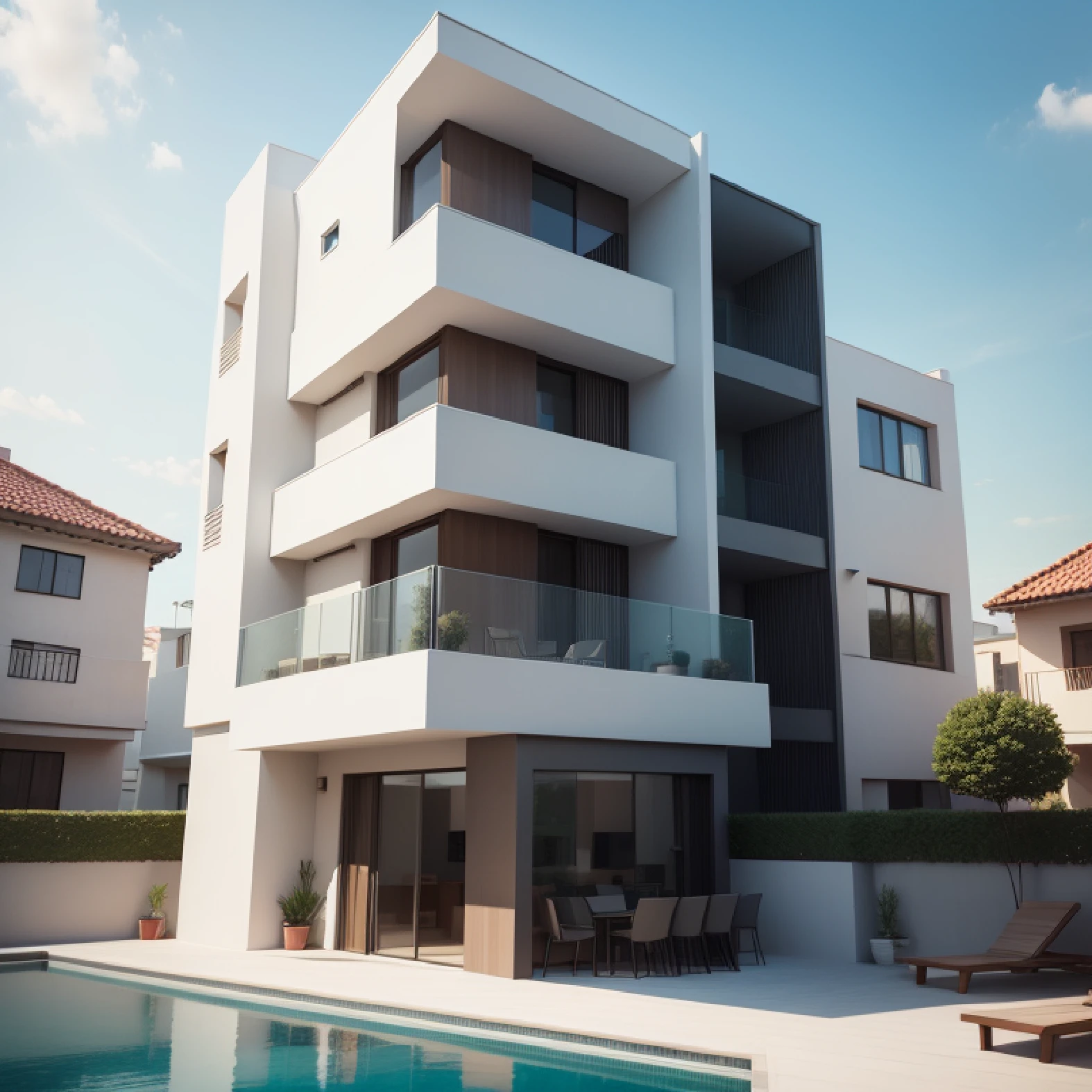 create an image with the facade of a 50m² house, 2 floors, upper floors with balcony, modern and contemporary architecture style