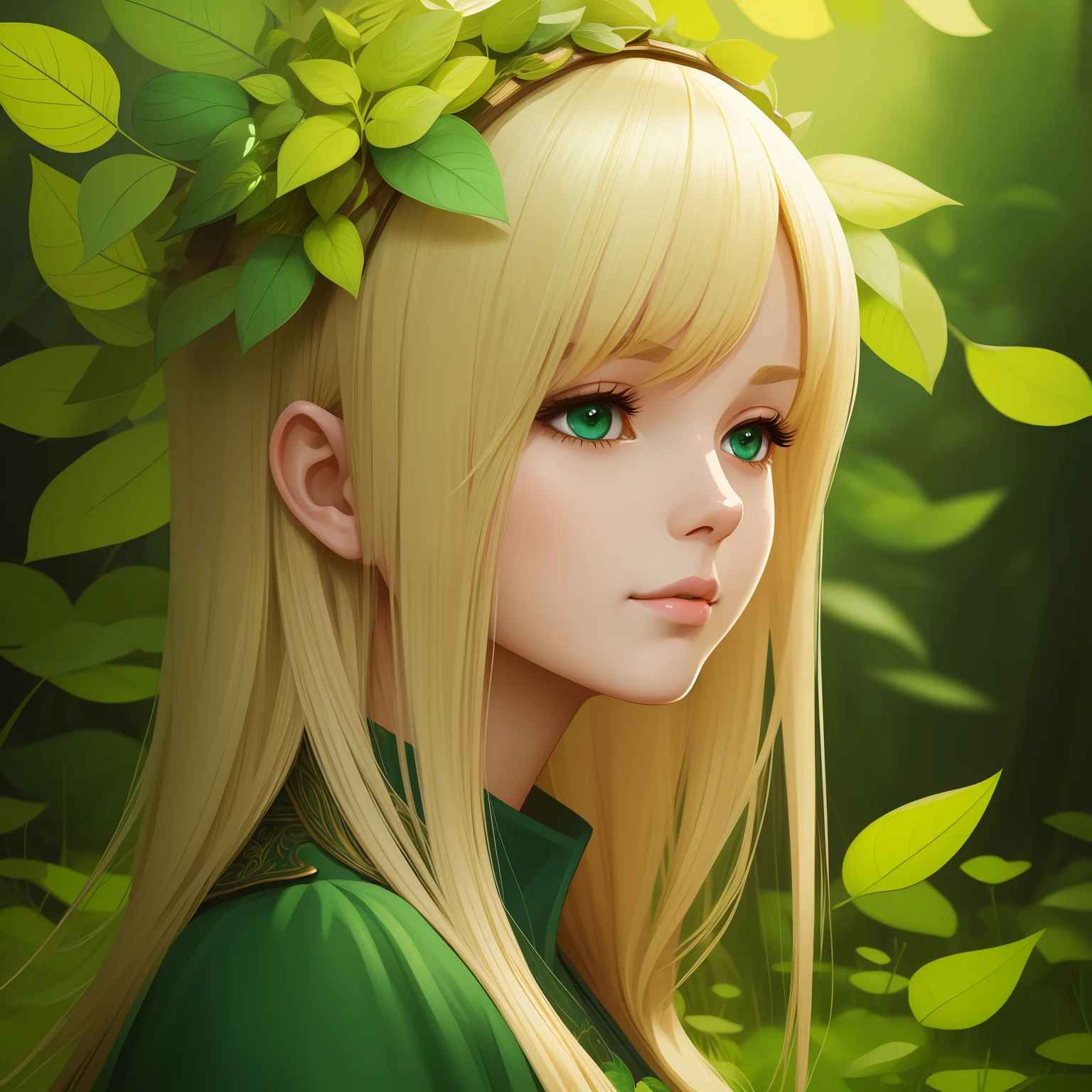 blond haired girl with green leaves on her head, detailed digital art, adorable digital painting, digital illustration, hyper detailed fantasy character