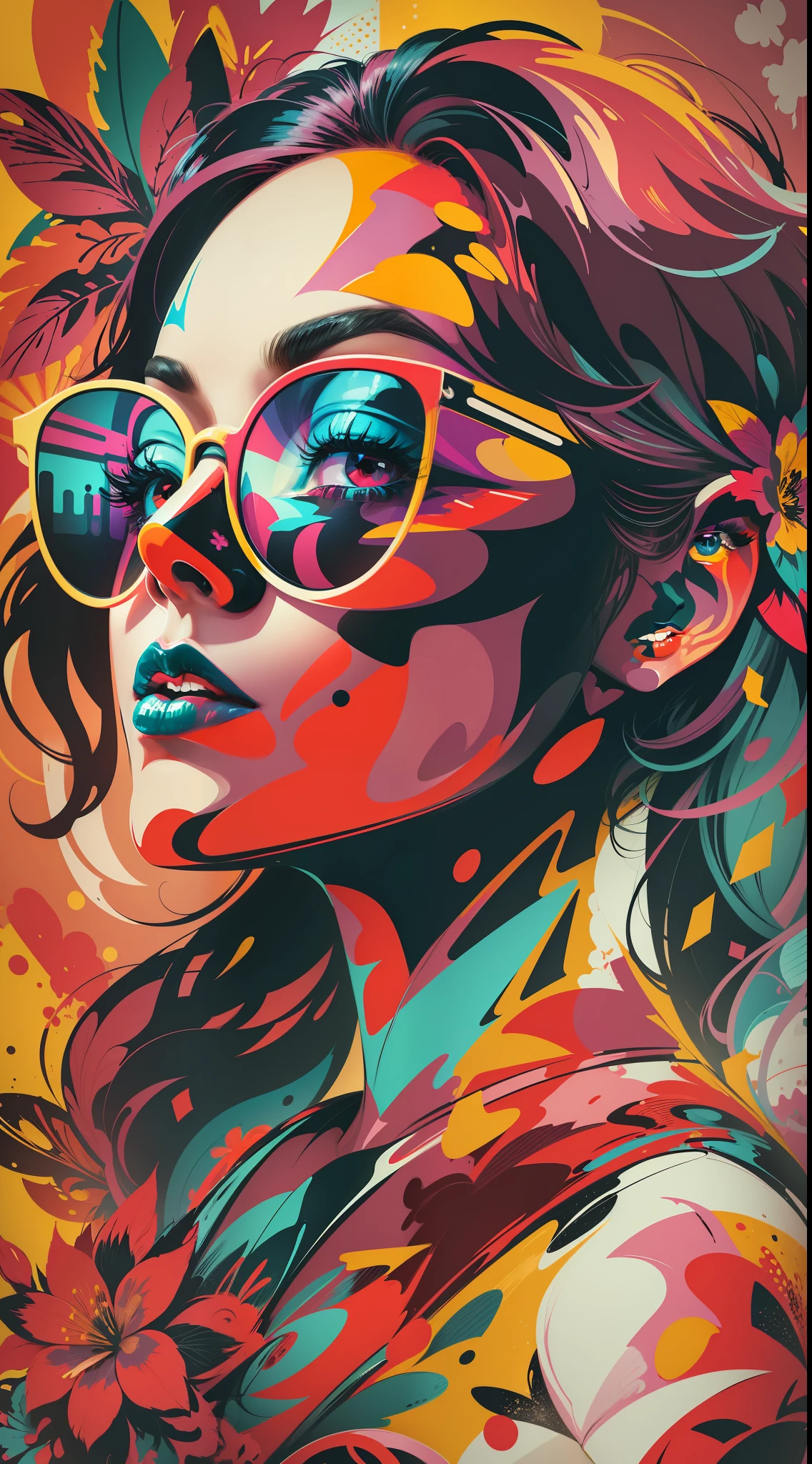 Create a digital art work in pop art style, featureing a vibrant and confident woman with bold makeup and colorfull fashion, cinematic color scheme, surrounded by abstract flower patterns, energtic brushstrokes,the mood should be dynamic.