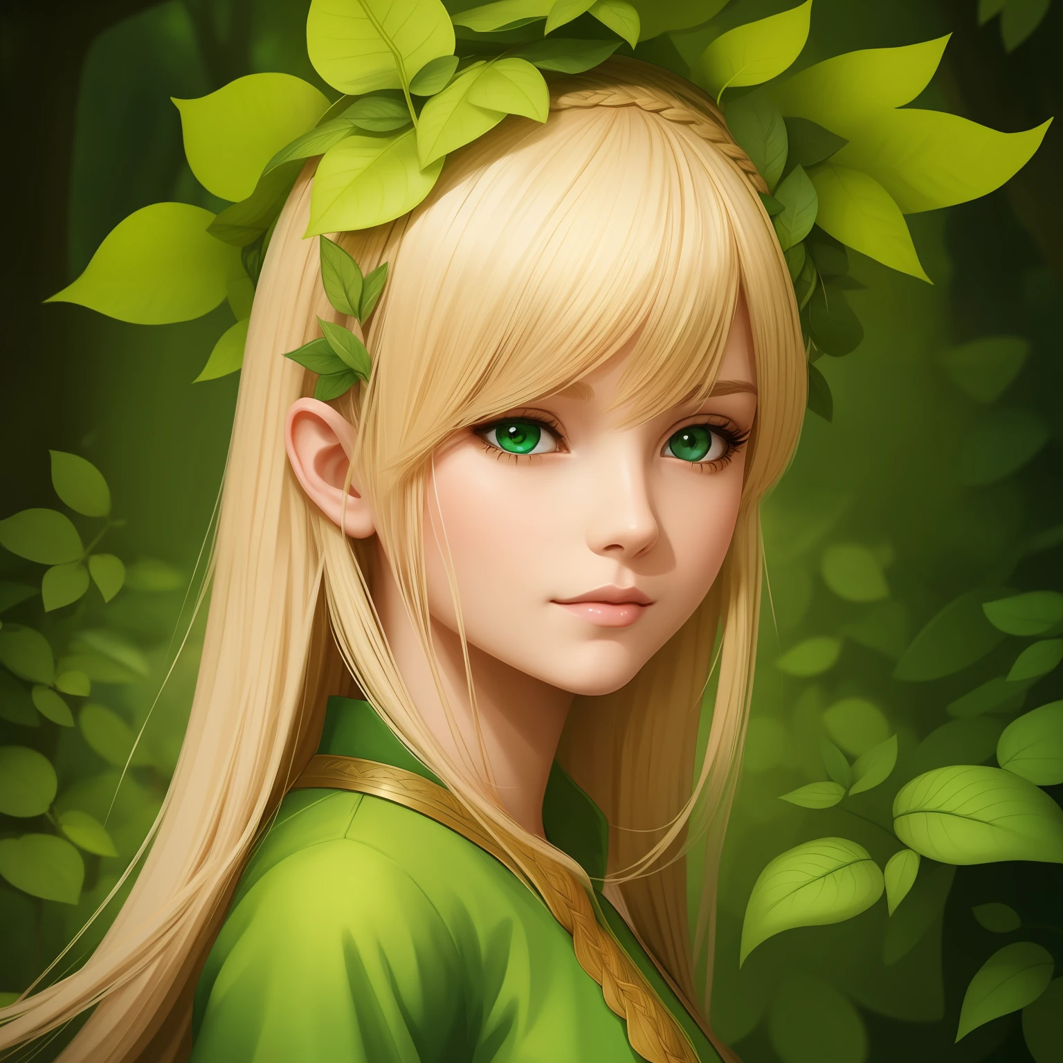 blond haired girl with green leaves on her head, detailed digital art, adorable digital painting, digital illustration, hyper detailed fantasy character