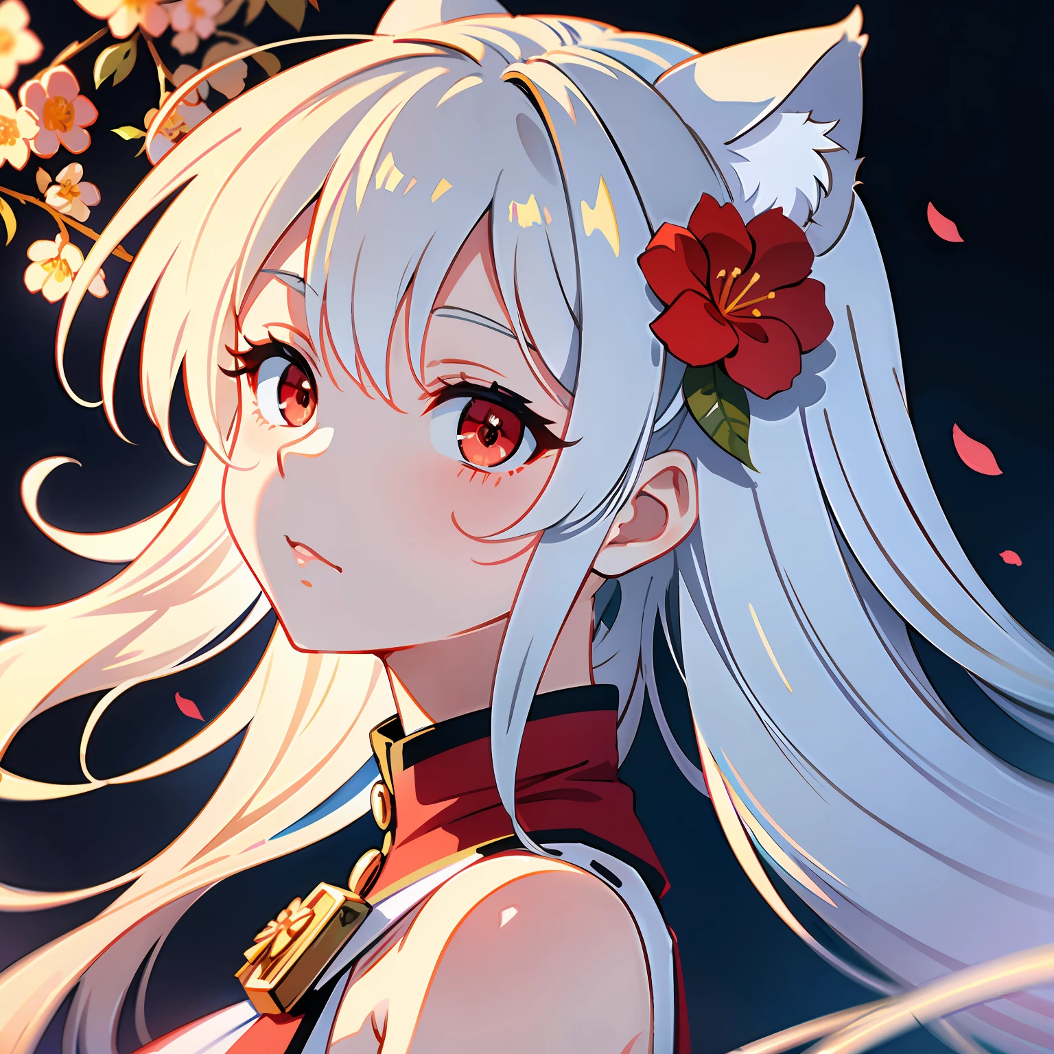 (masterpiece:1.2, best quality), (finely detailed beautiful eyes: 1.2), ((1girl)), ((solo)), (red eyes:1.4), (finely detailed eyes and detailed face:1.3), (beautiful and clear background:1.2), (extremely detailed CG, ultra-detailed, best shadow:1.1), ((depth of field)), ((watercolor)), (neko:1.5), (casual clothes:1.3), large breasts, bare shoulders, flowers and petals, beautiful concept illustration, (white background:0.5), (illustration:1.1), (extremely fine and beautiful:1.1), (perfect details:1.1), from side, cowboy shot, face focus