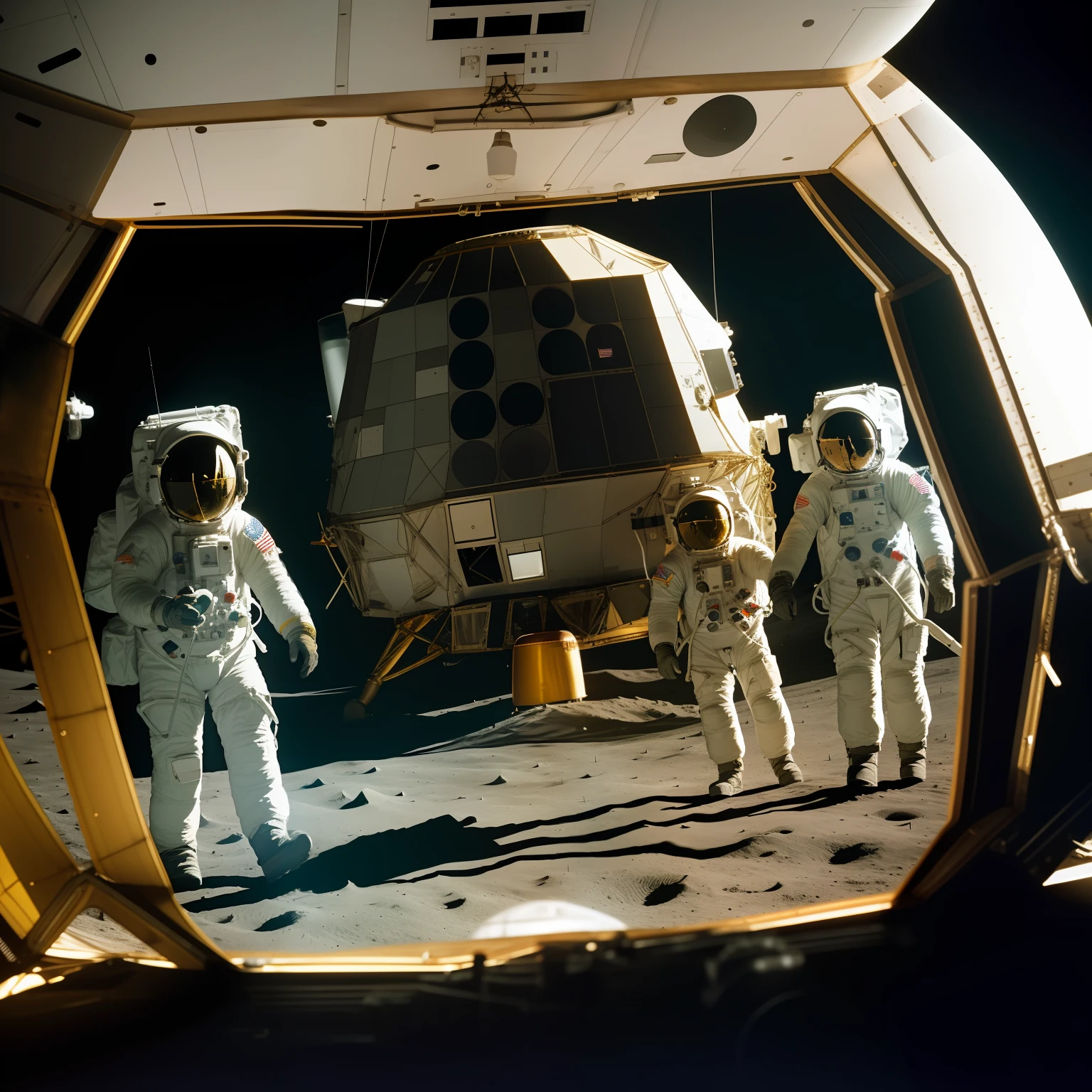 apollo lunar mission, astronauts walk on lunar sound with lunar module by side, everything is inside in a glass jar