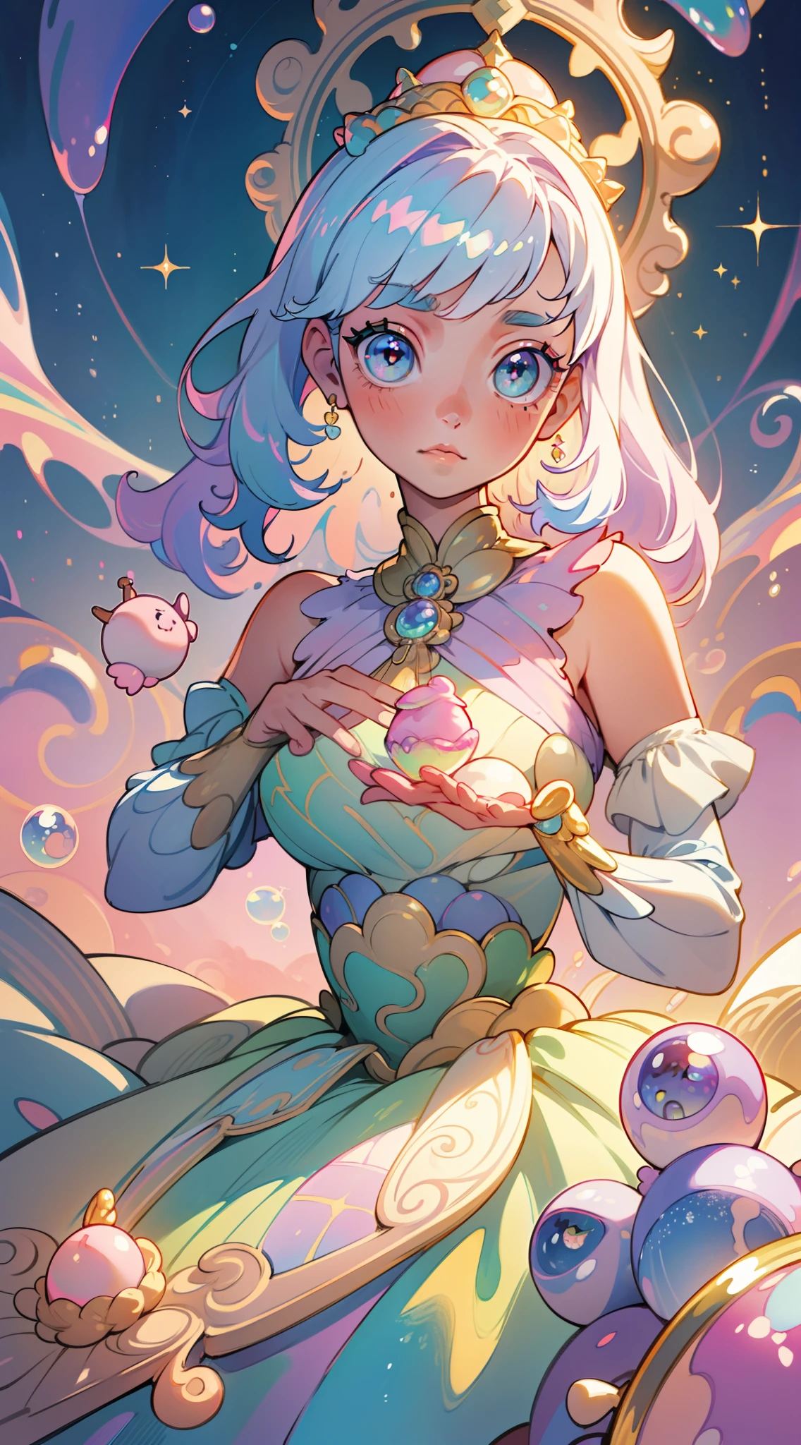 masterpiece, best quality, 8k resolution, sharp focus, intricate detail, beautiful girl, sparkling eyes, golden ratio face, otherworldly liquid, watercolor, ((pastel colors)), bright colors, whimsical, colorful, sharp focus, high resolution, fine detail, princess fantasy ballgown, ((round eyes)), iridescent bubbles, castle landscape in background