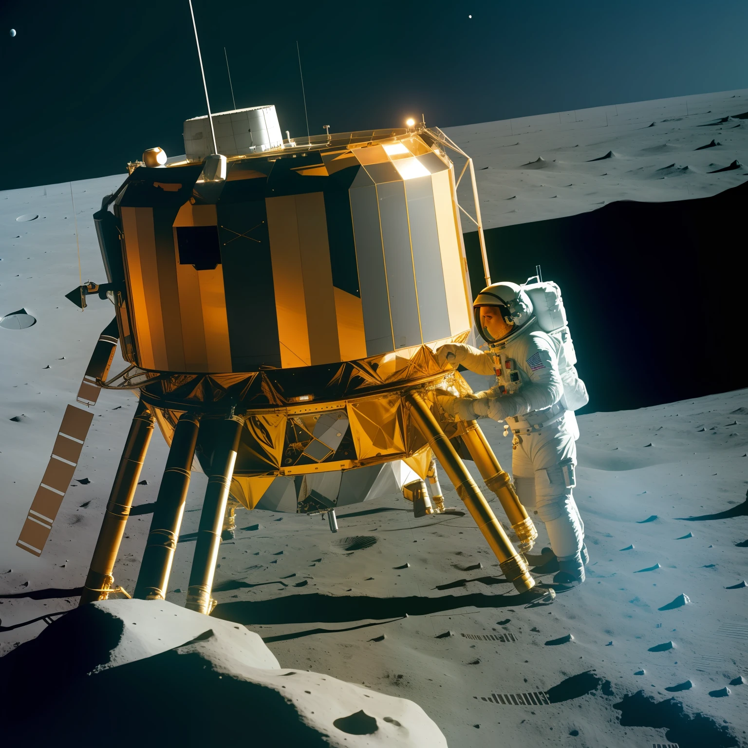 apollo lunar mission, astronauts walk on lunar sound with lunar module by side, everything is inside in a glass jar