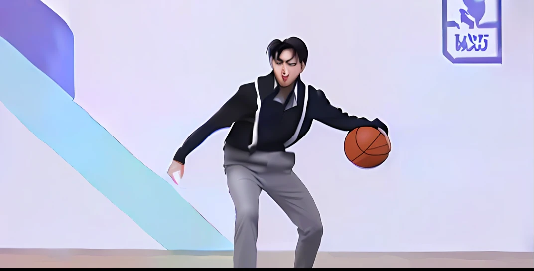 Image of Alphad playing basketball with a man in a black shirt and suspenders, he is dancing, he is floundering, Cai Xukun, look like someone is dancing, dancing in the background, Since then，basketball ball, happy wise. he has bouncy belly, air is being pushed around him, trending dribble, he has short curly brown hair