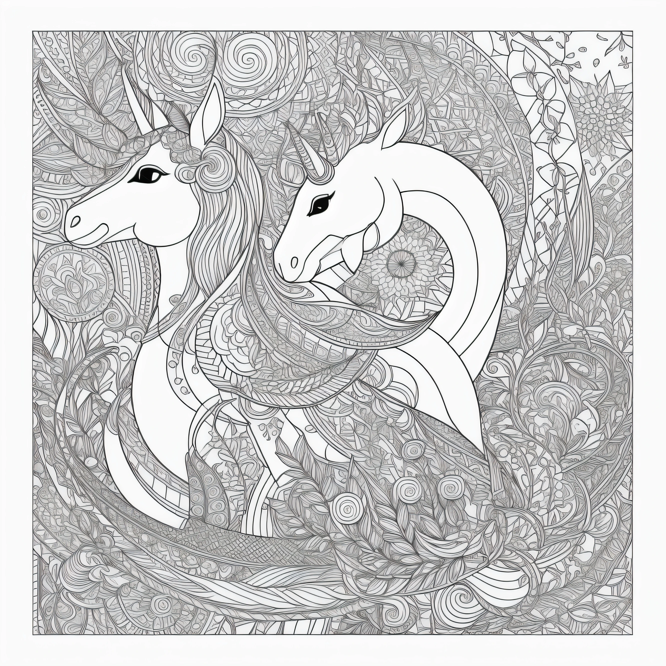 Dibujo de libro para colorear de alto detalle, Think black lines, fondo blanco, 1-bit line art coloring book, solo dibujar rutinas, crespo, Contornos gruesos, Usa toda la pantalla, Arte rutinas, story book illustration, mujer unicornio,un solo cuerno, sexy, obra maestra, estando en el bosque,divirtiendose
